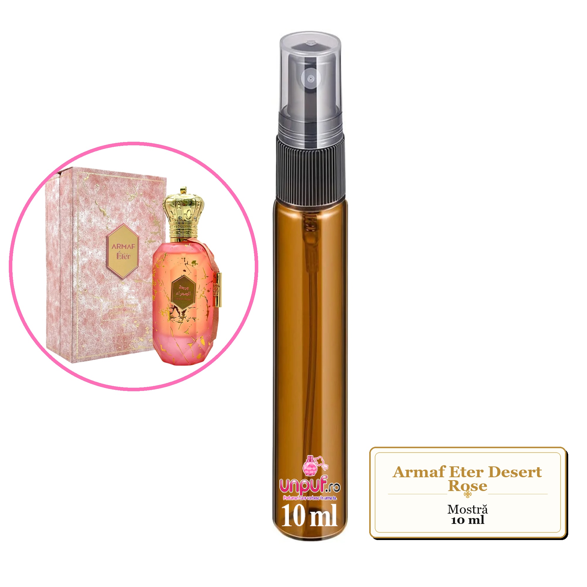 Mostra fiola din Parfumul Armaf Eter Desert Rose, decant sticla cu pulverizator 