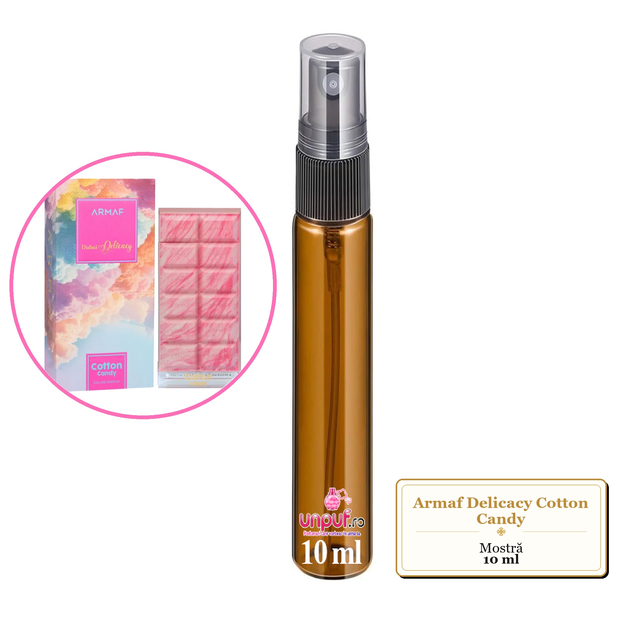 Mostra fiola din Parfumul Armaf Delicacy Cotton Candy, decant sticla cu pulverizator 