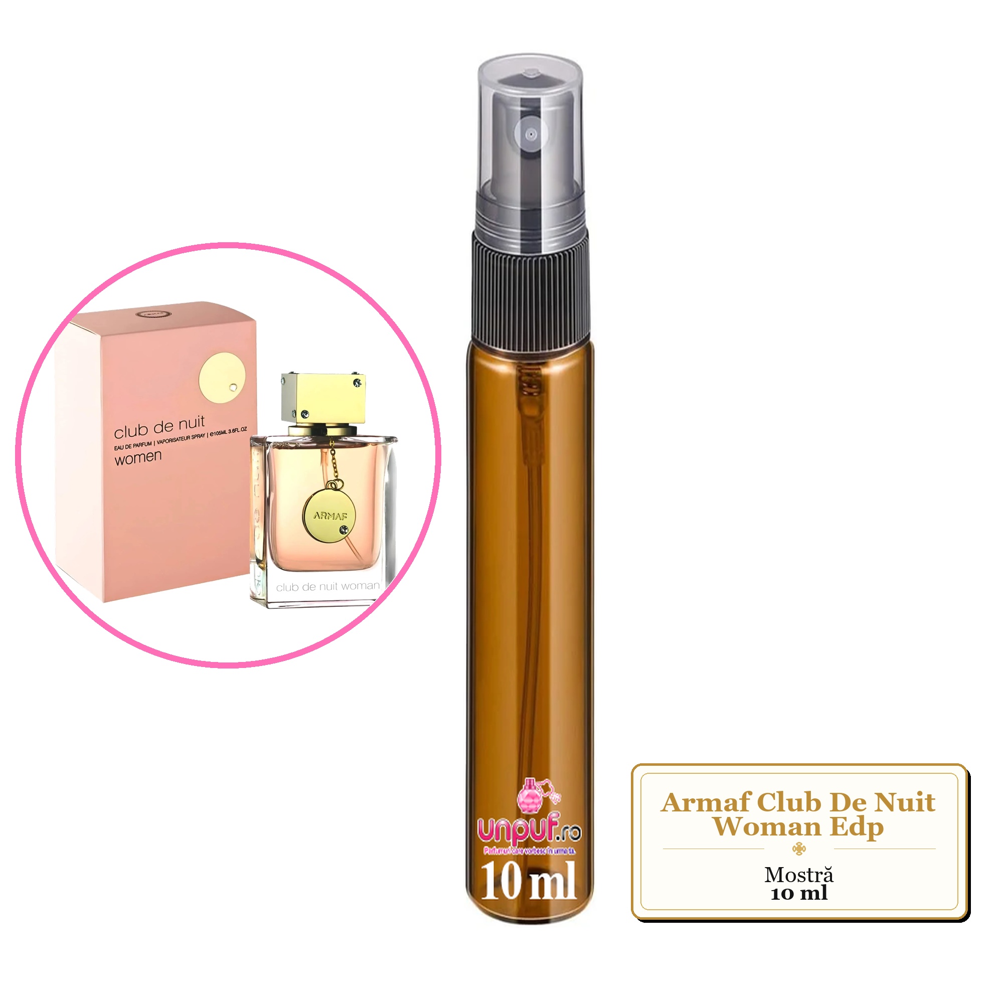 Mostra fiola din Parfumul Armaf Club De Nuit Woman Edp, decant sticla cu pulverizator 