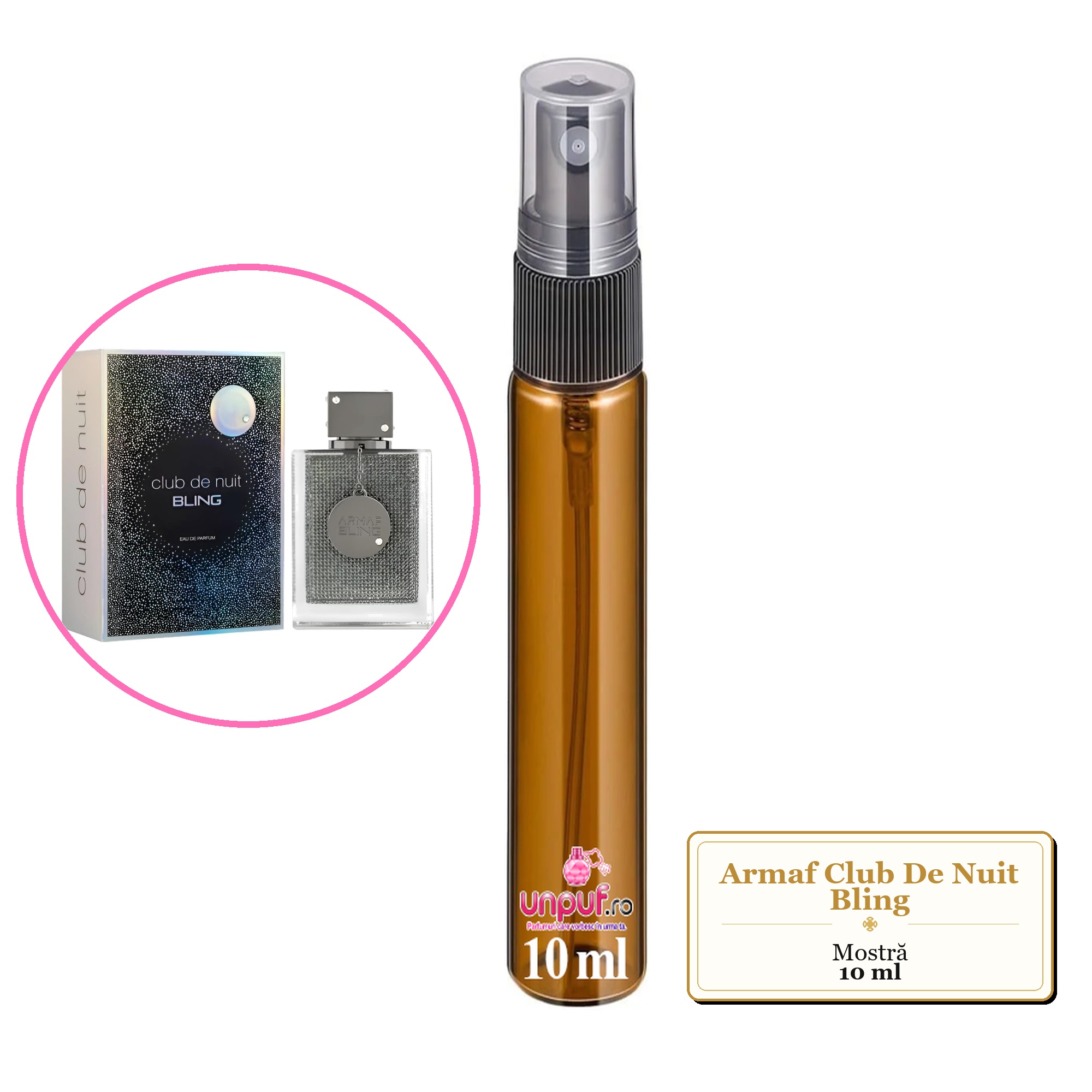 Mostra fiola din Parfumul Armaf Club De Nuit Bling, decant sticla cu pulverizator 