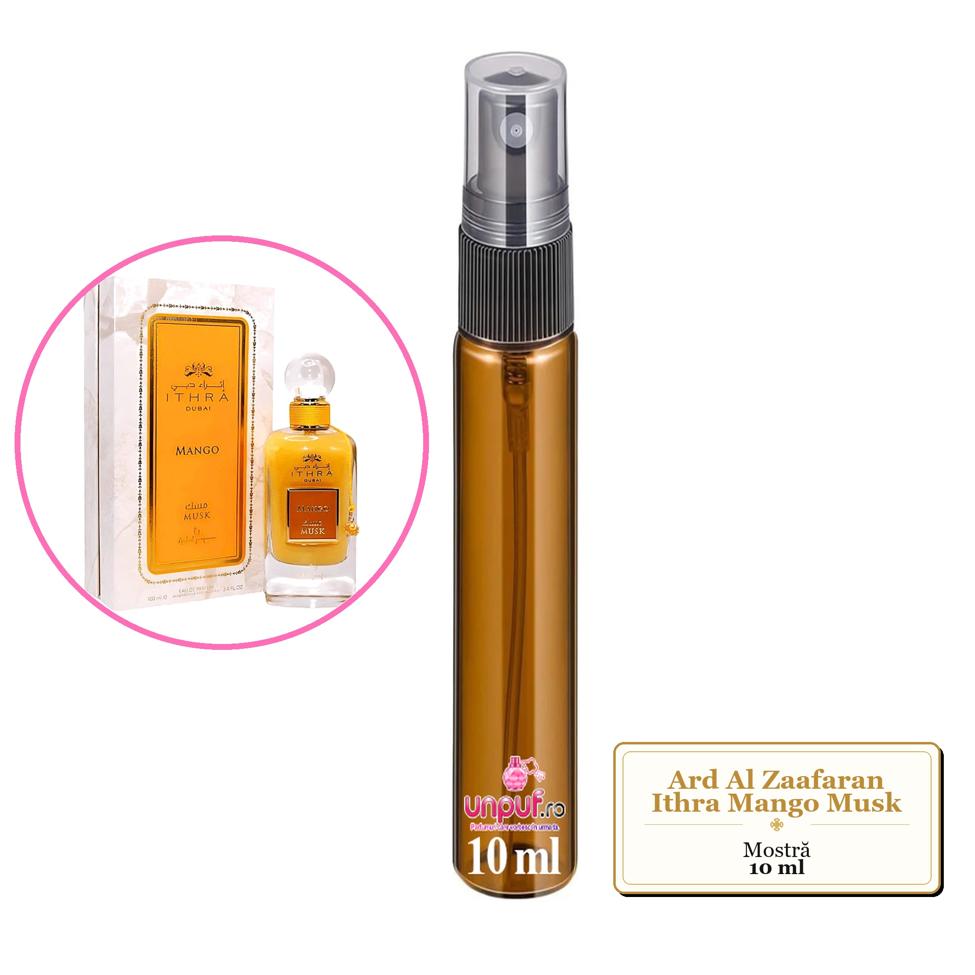 Mostra fiola din Parfumul Ard Al Zaafaran Ithra Mango Musk, decant sticla cu pulverizator
