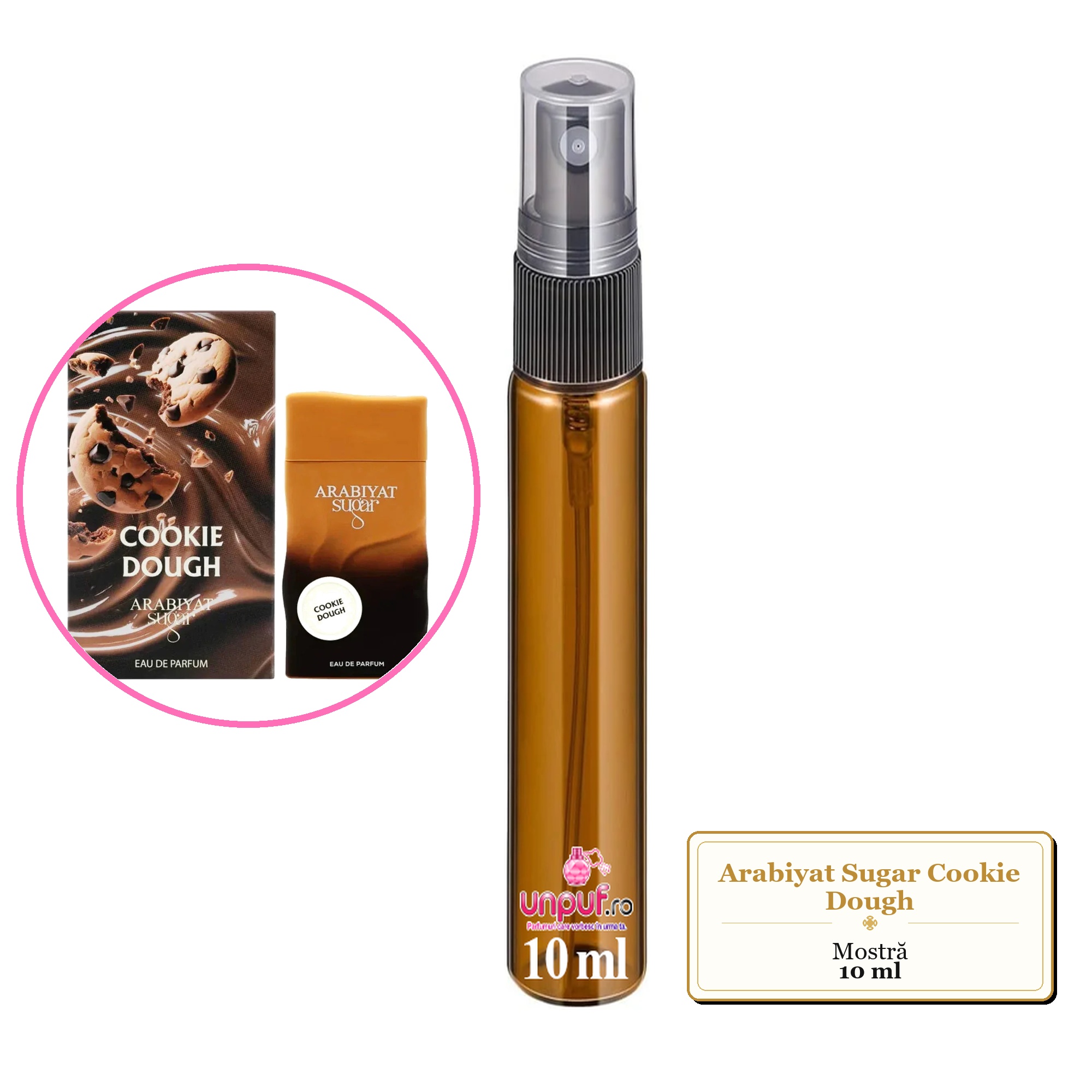 Mostra fiola din Parfumul Arabiyat Sugar Cookie Dough, decant sticla cu pulverizator 