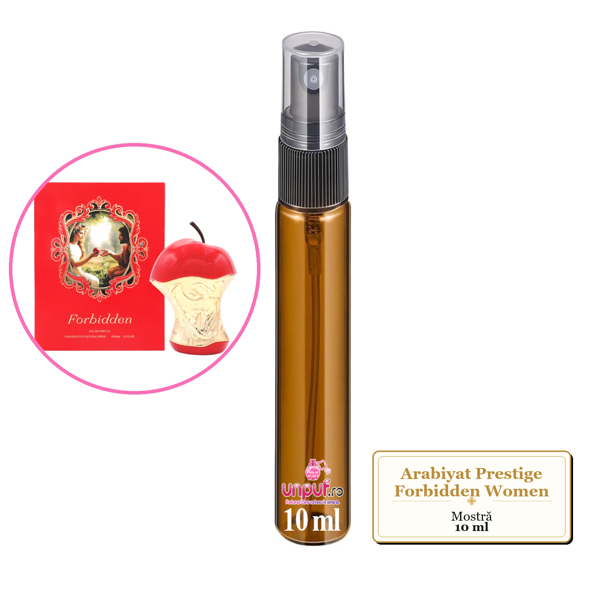 Mostra fiola din Parfumul Arabiyat Prestige Forbidden Women, decant sticla cu pulverizator 