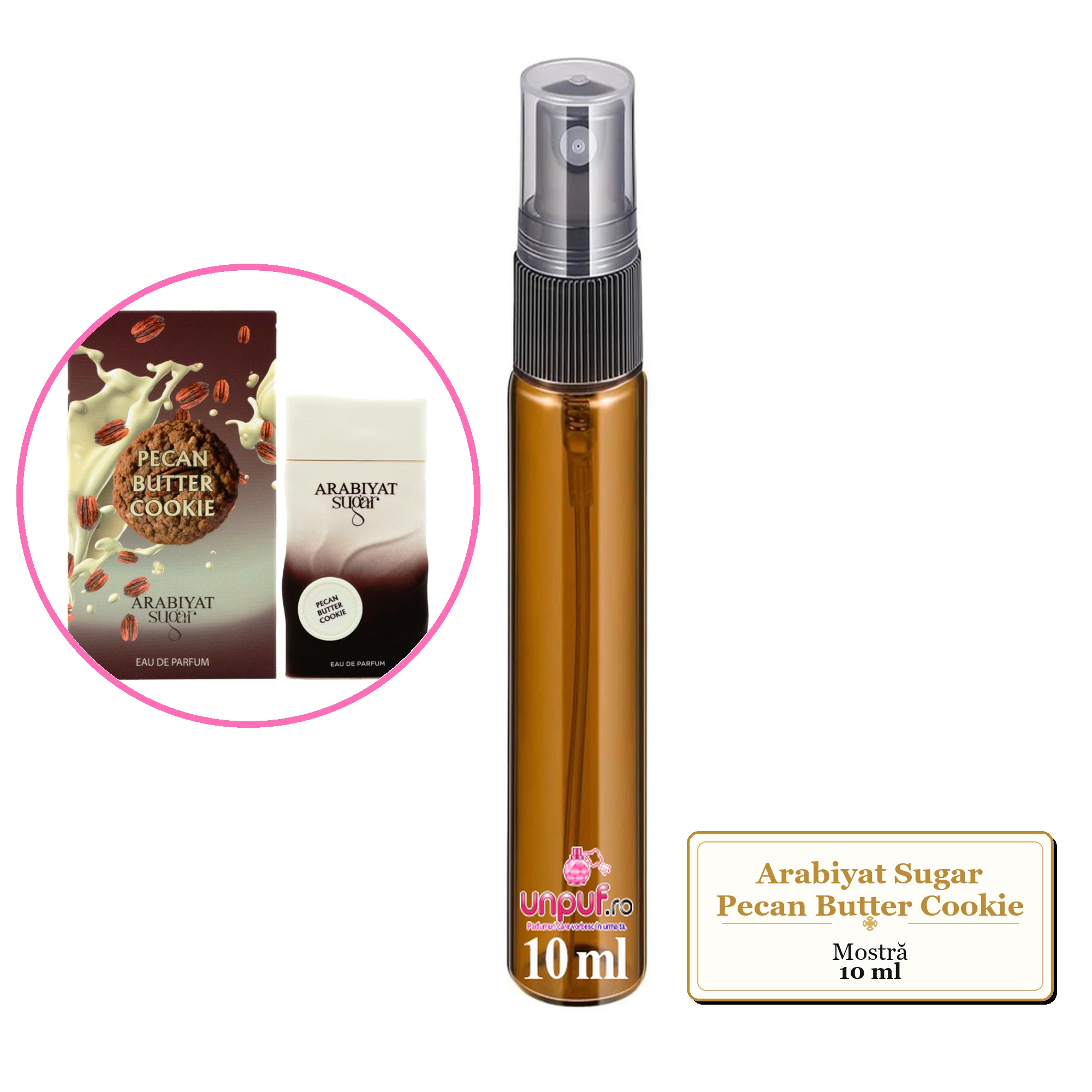 Mostra fiola din Parfumul Arabiyat Sugar Pecan Butter Cookie, decant sticla cu pulverizator 