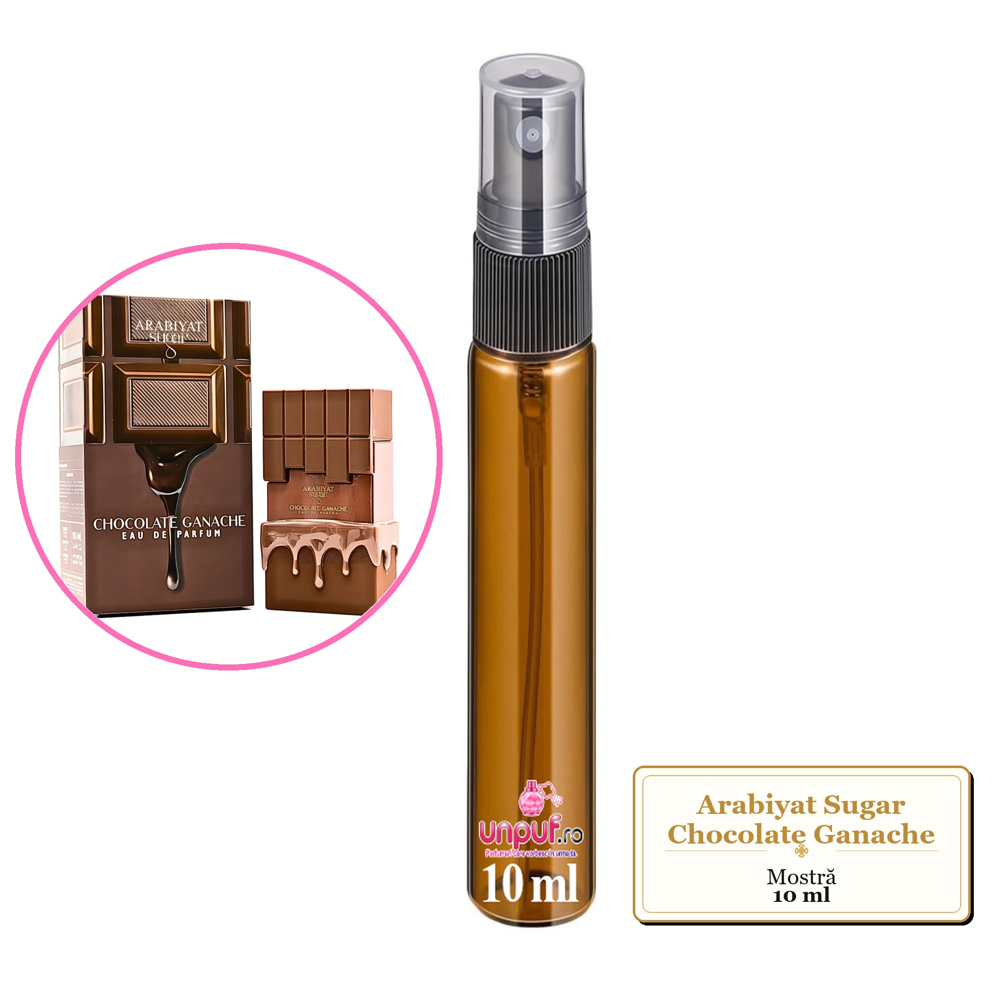Mostra fiola din Parfumul Arabiyat Sugar Chocolate Ganache, decant sticla cu pulverizator 