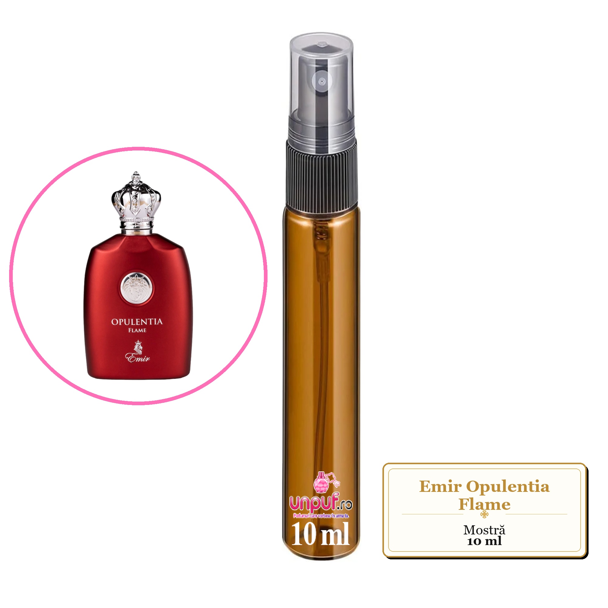 Mostra fiola din Parfumul Emir Opulentia Flame, decant sticla cu pulverizator 