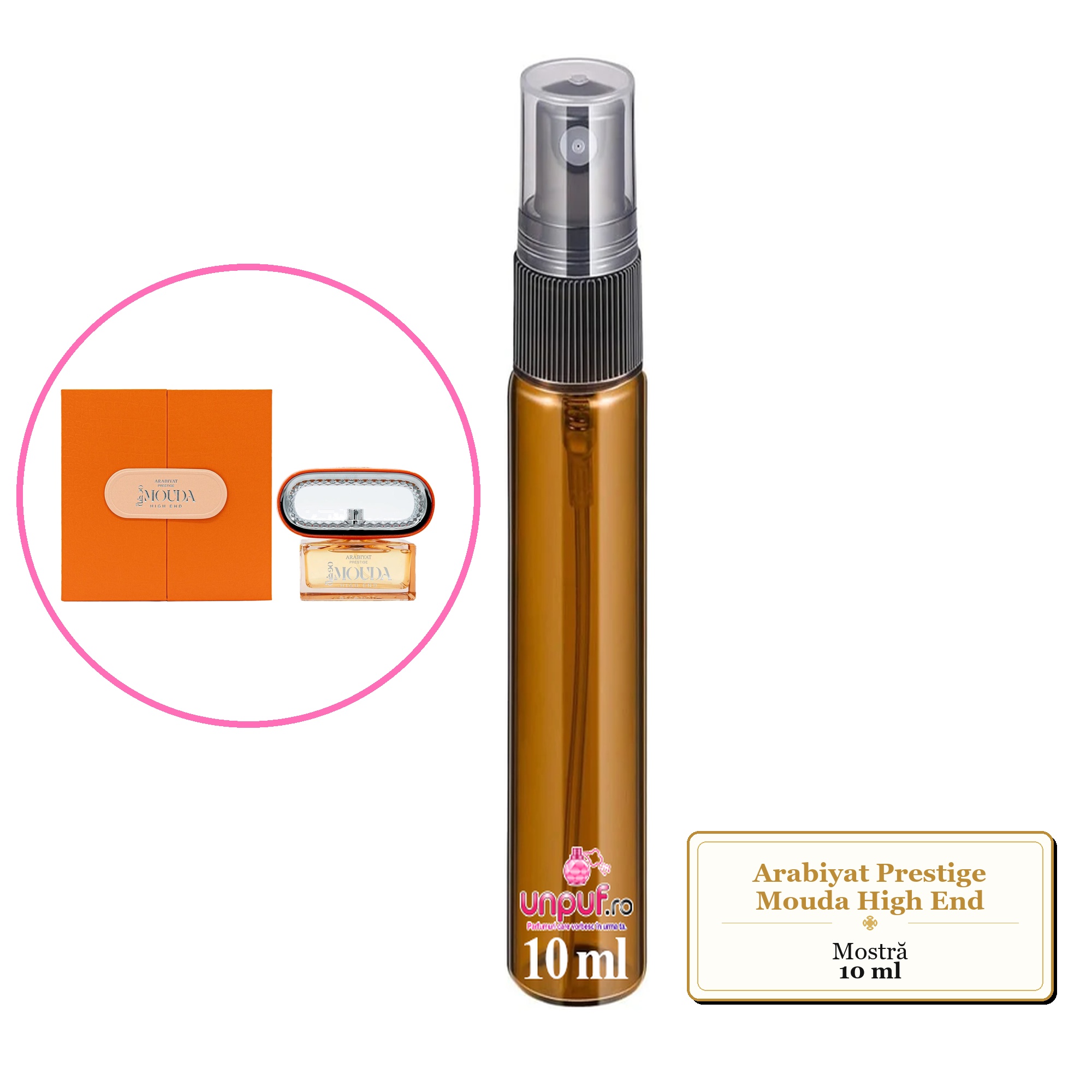 Mostra fiola din Parfumul Arabiyat Prestige Mouda High End, decant sticla cu pulverizator 