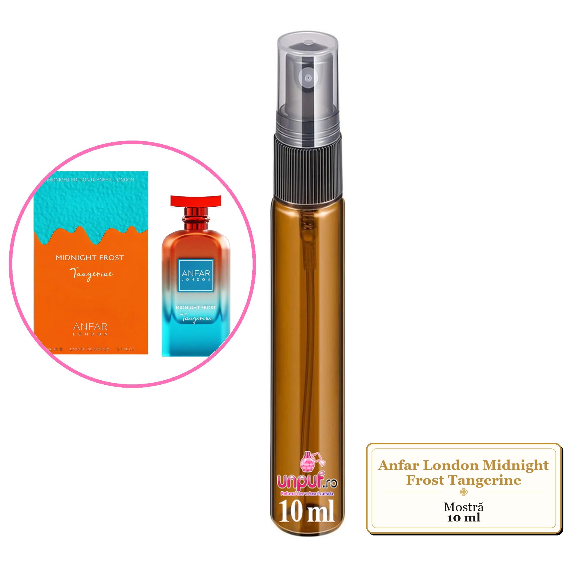 Mostra fiola din Parfumul Anfar London Midnight Frost Tangerine, decant sticla cu pulverizator 