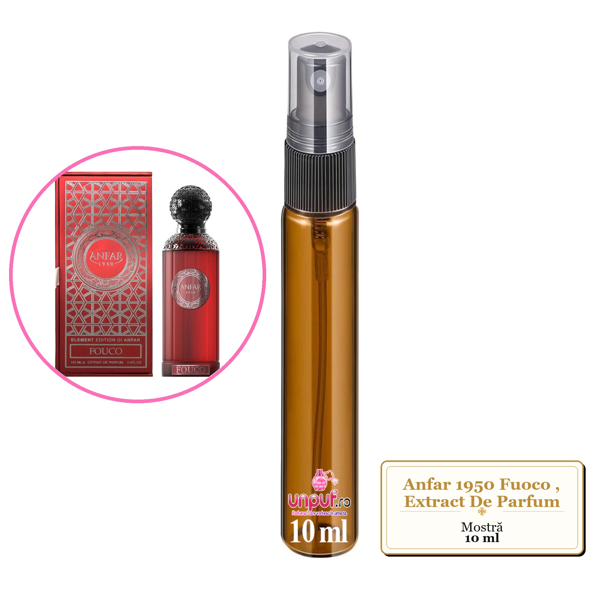 Mostra fiola din Parfumul Anfar 1950 Fuoco, Extract De Parfum, decant sticla cu pulverizator 