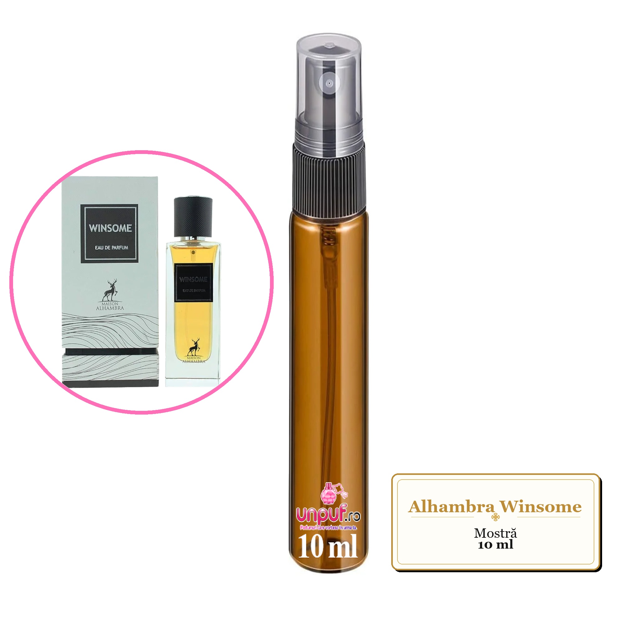 Mostra fiola din Parfumul Alhambra Winsome, decant sticla cu pulverizator 