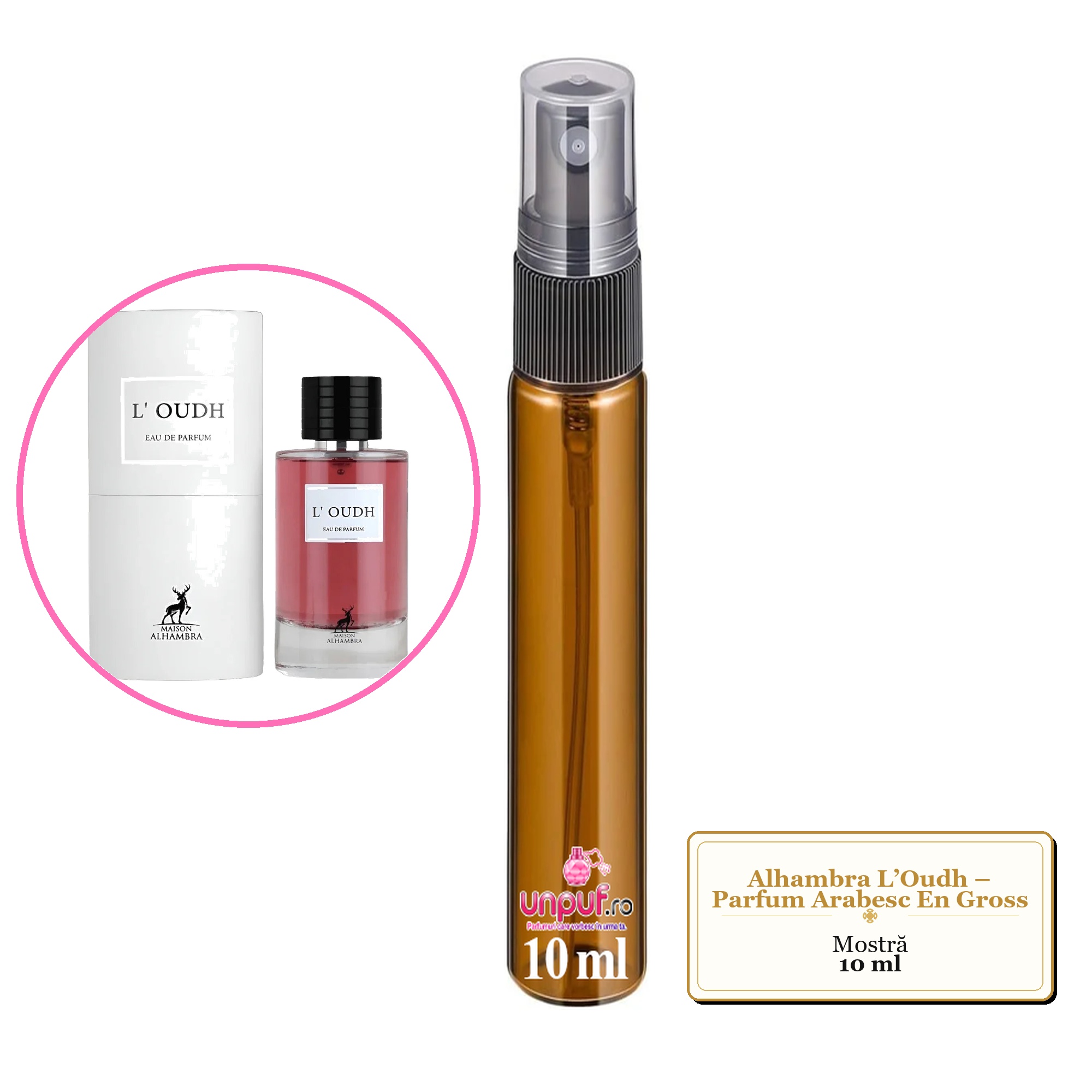 Mostra fiola din Parfumul Alhambra L’Oudh – Parfum Arabesc En Gross, decant sticla cu pulverizator 