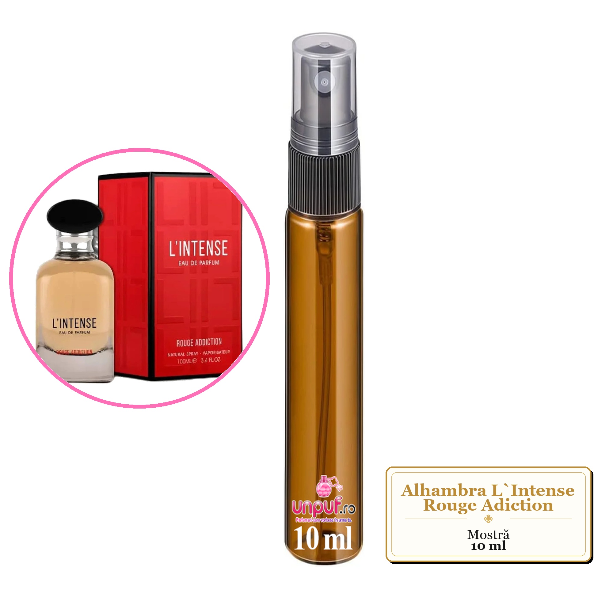 Mostra fiola din Parfumul Alhambra L`Intense Rouge Adiction, decant sticla cu pulverizator