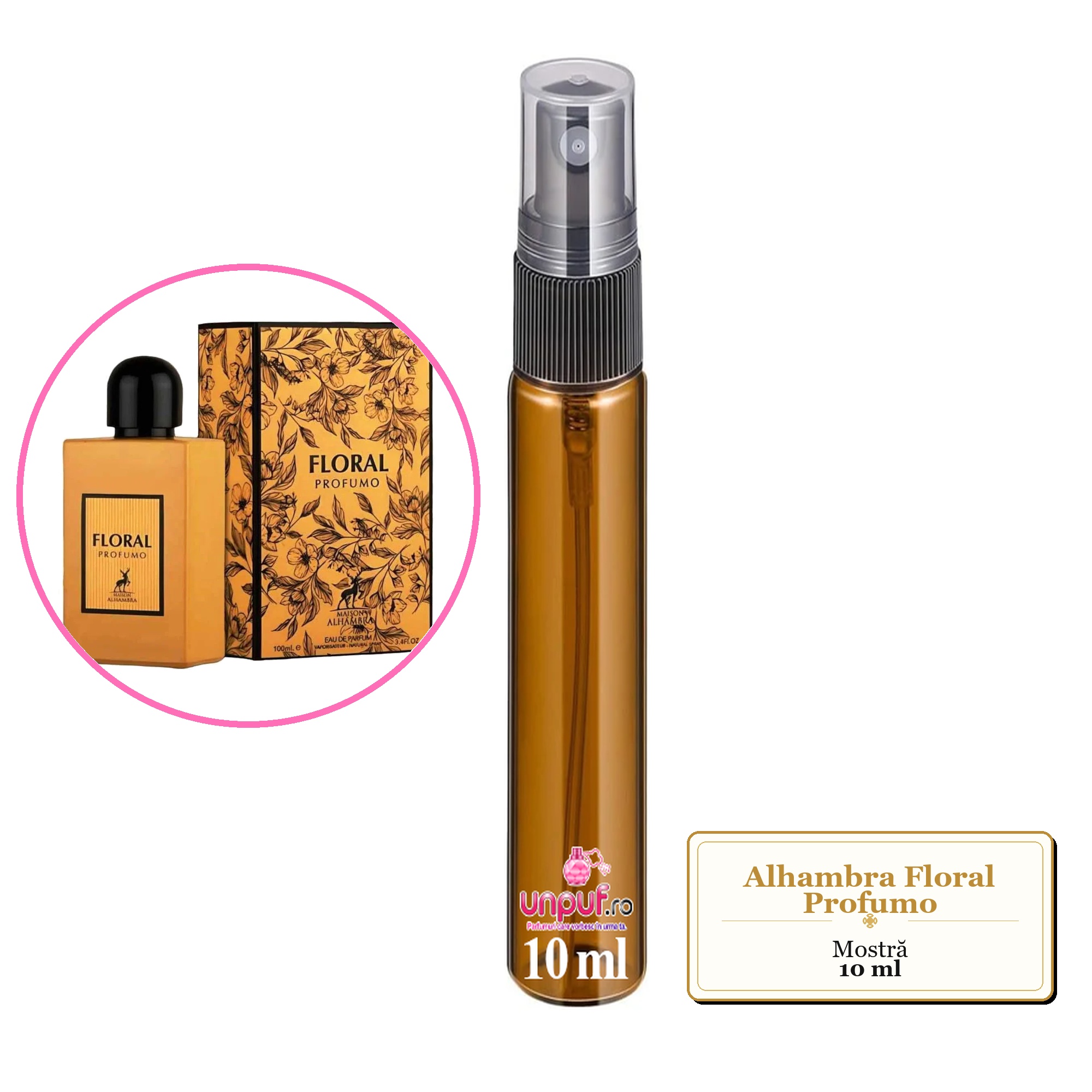 Mostra fiola din Parfumul Alhambra Floral Profumo, decant sticla cu pulverizator
