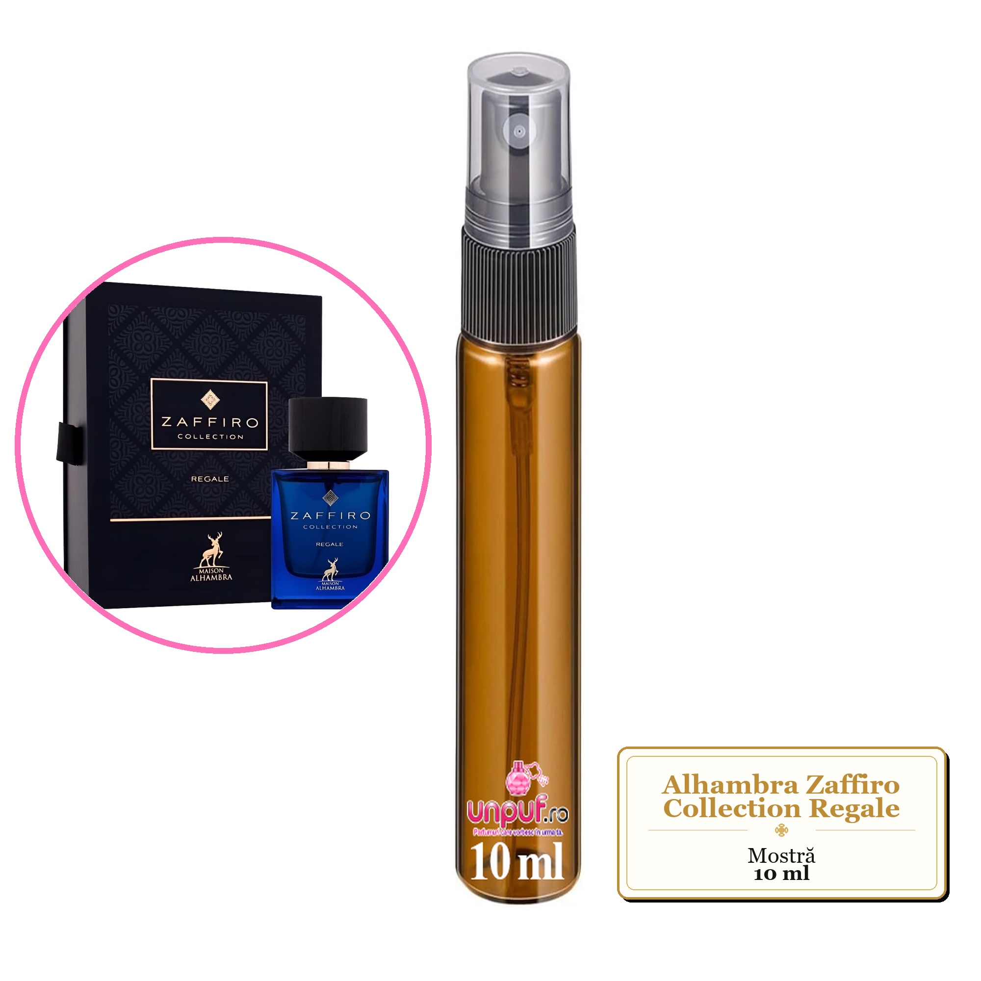 Mostra fiola din Parfumul Alhambra Zaffiro Collection Regale, decant sticla cu pulverizator 