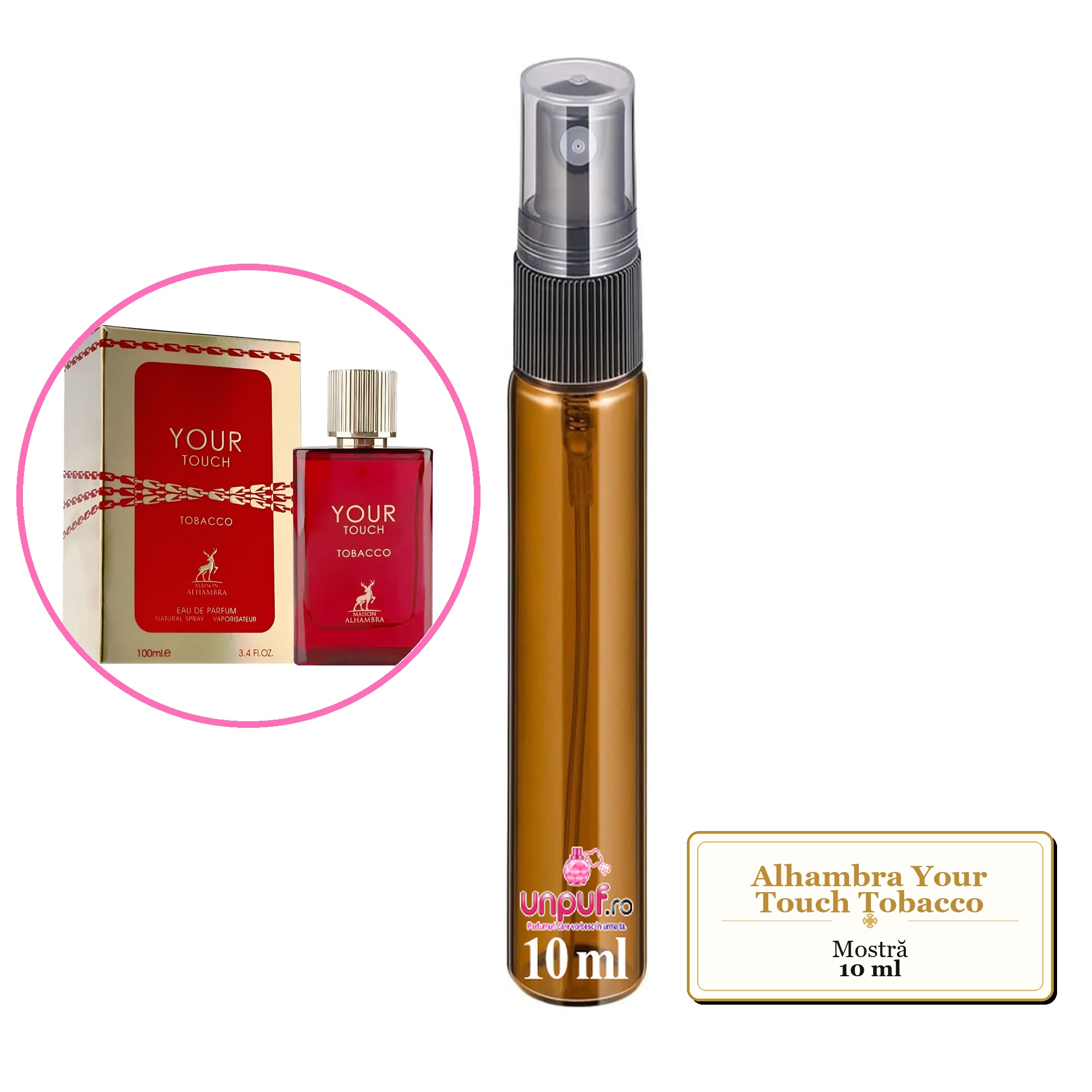 Mostra fiola din Parfumul Alhambra Your Touch Tobacco, decant sticla cu pulverizator 