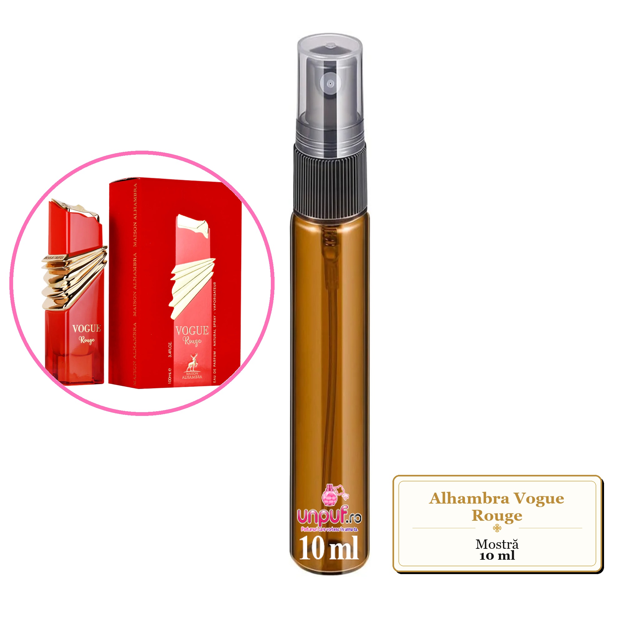 Mostra fiola din Parfumul Alhambra Vogue Rouge, decant sticla cu pulverizator