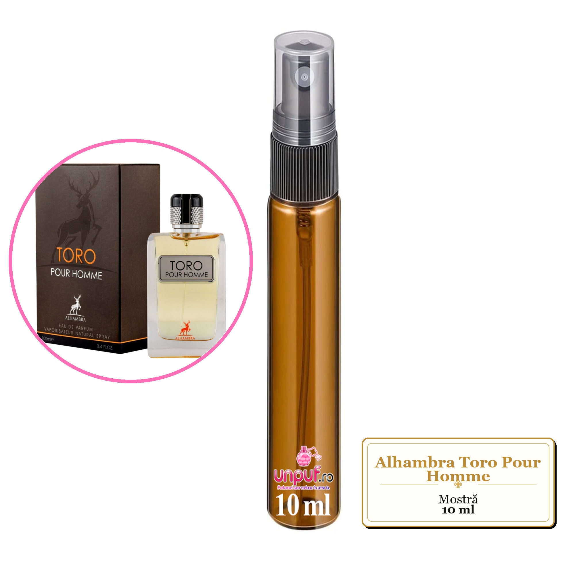 Mostra fiola din Parfumul Alhambra Toro Pour Homme, decant sticla cu pulverizator