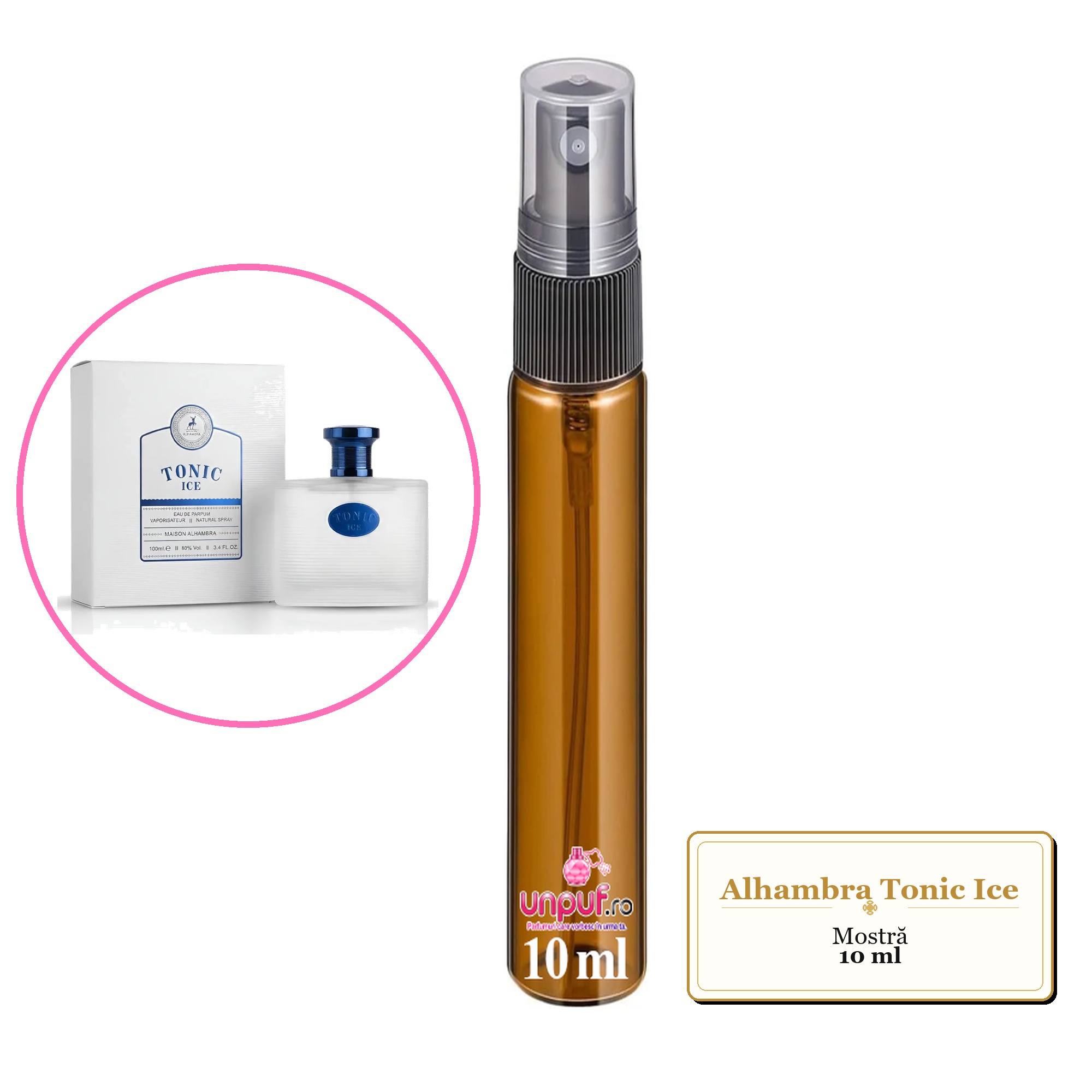 Mostra fiola din Parfumul Alhambra Tonic Ice, decant sticla cu pulverizator