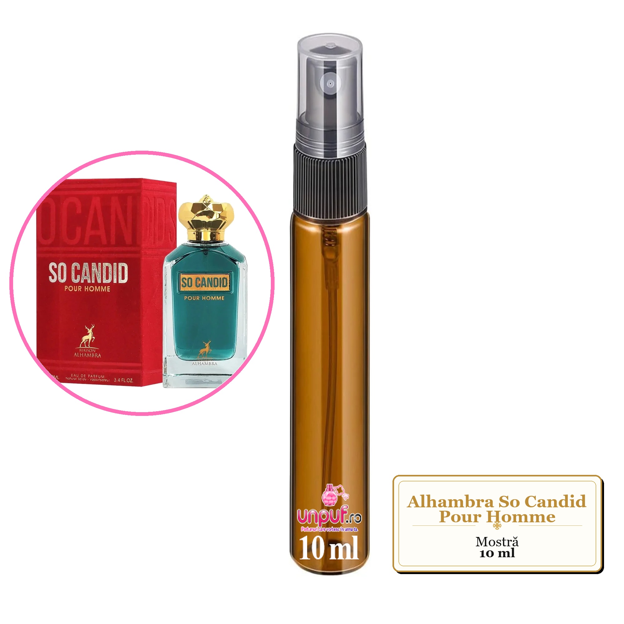 Mostra fiola din Parfumul Alhambra So Candid Pour Homme, decant sticla cu pulverizator 