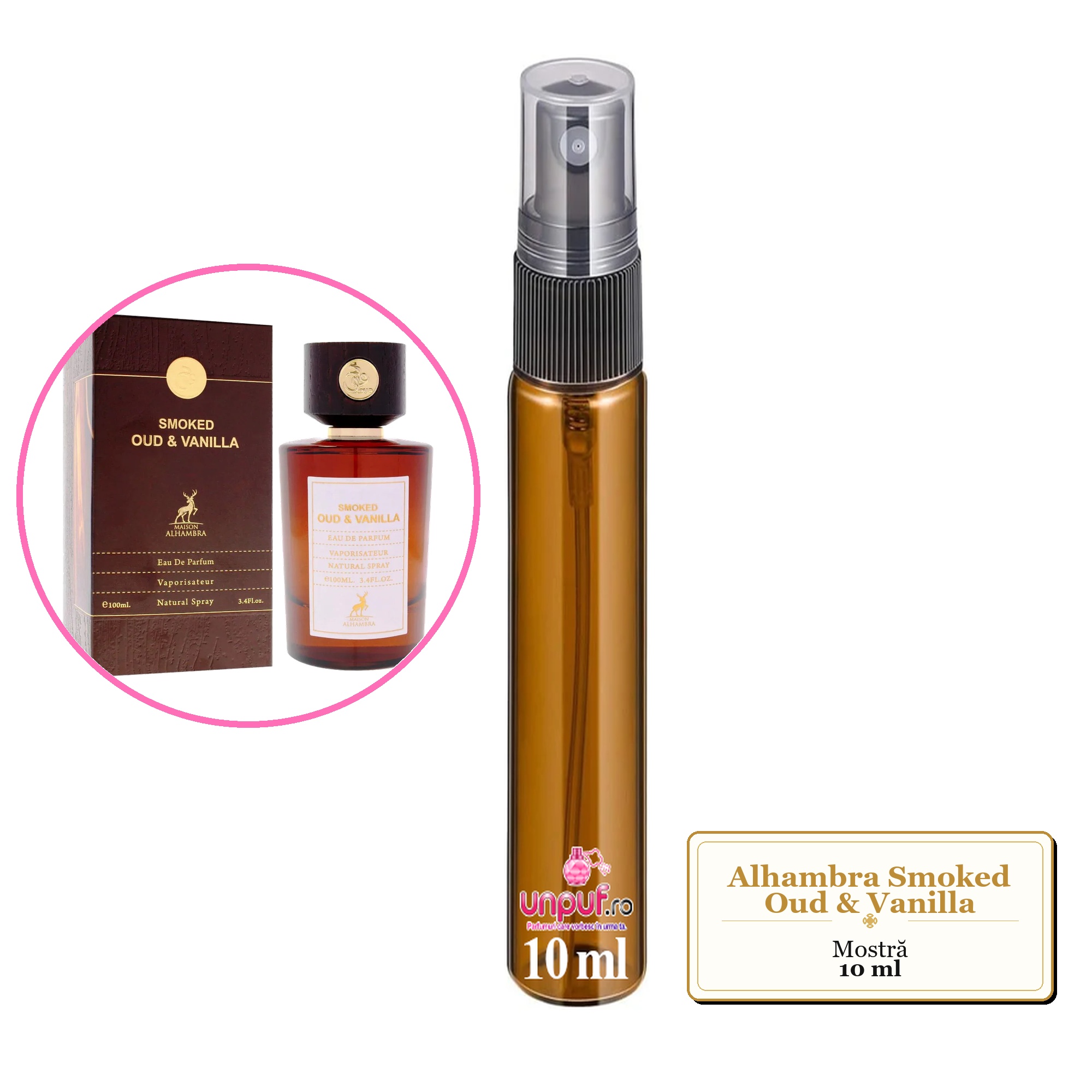 Mostra fiola din Parfumul Alhambra Smoked Oud & Vanilla, decant sticla cu pulverizator 