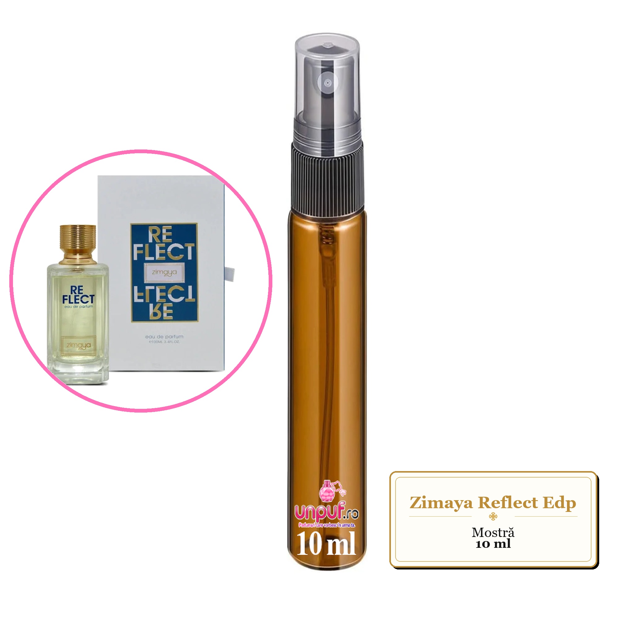 Mostra fiola din Parfumul Zimaya Reflect Edp, decant sticla cu pulverizator