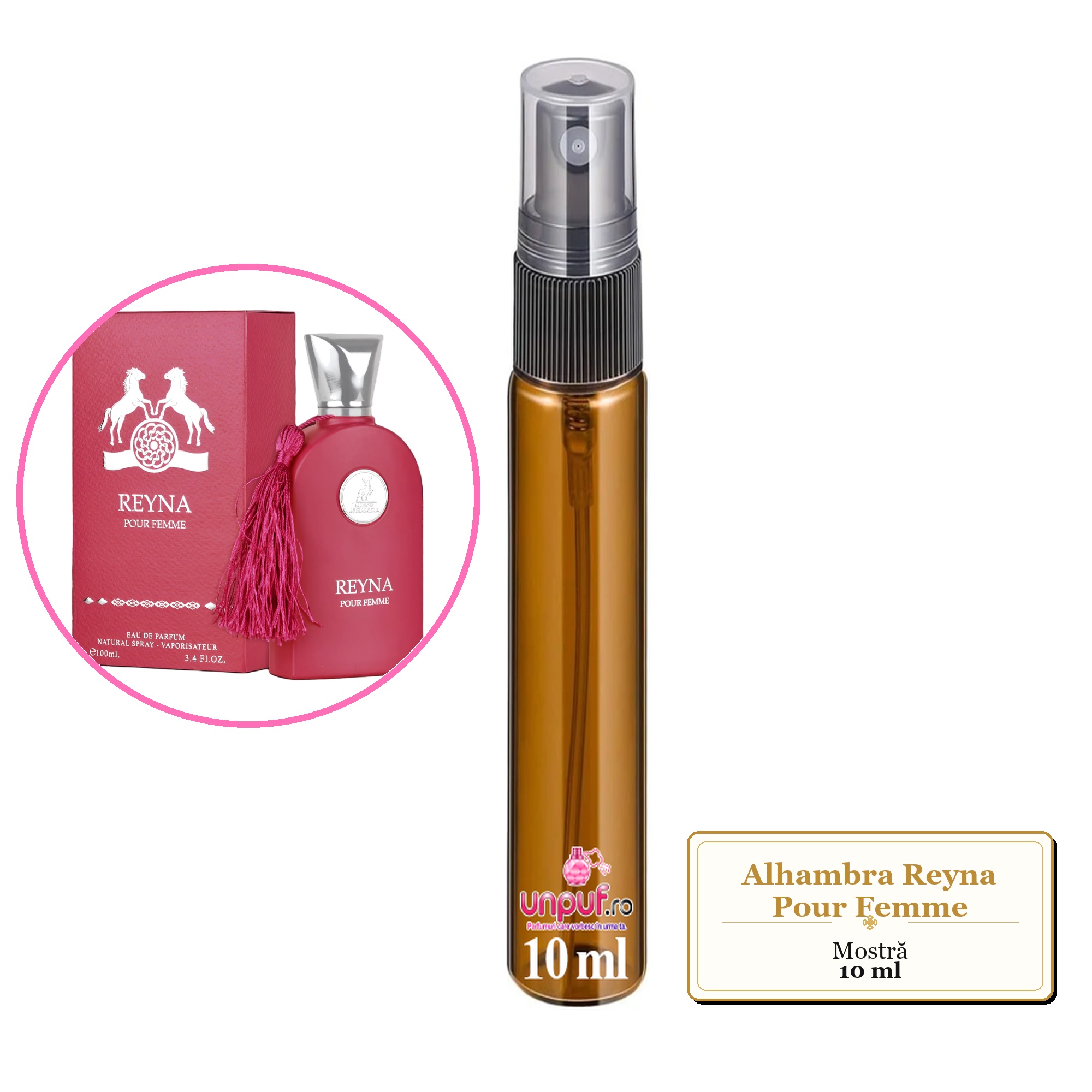 Mostra fiola din Parfumul Alhambra Reyna Pour Femme, decant sticla cu pulverizator