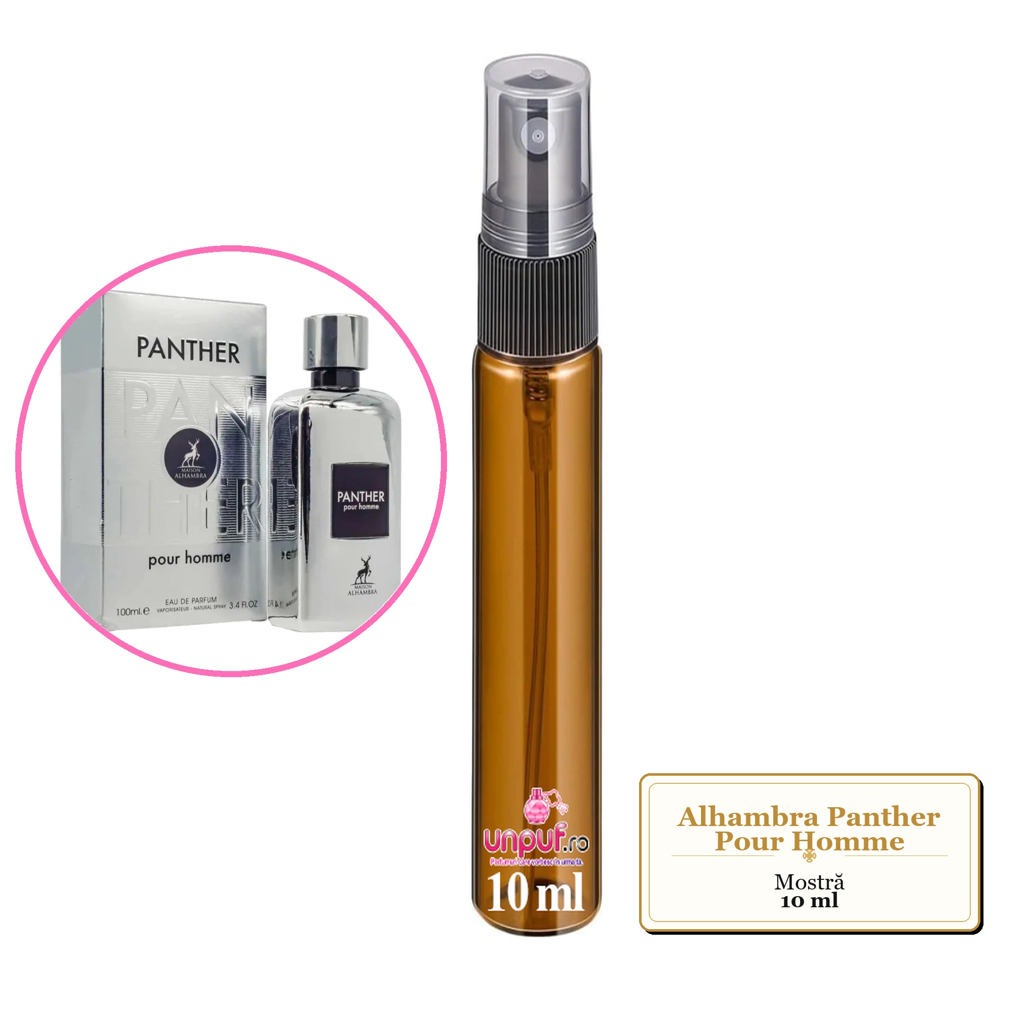 Mostra fiola din Parfumul Alhambra Panther Pour Homme, decant sticla cu pulverizator 