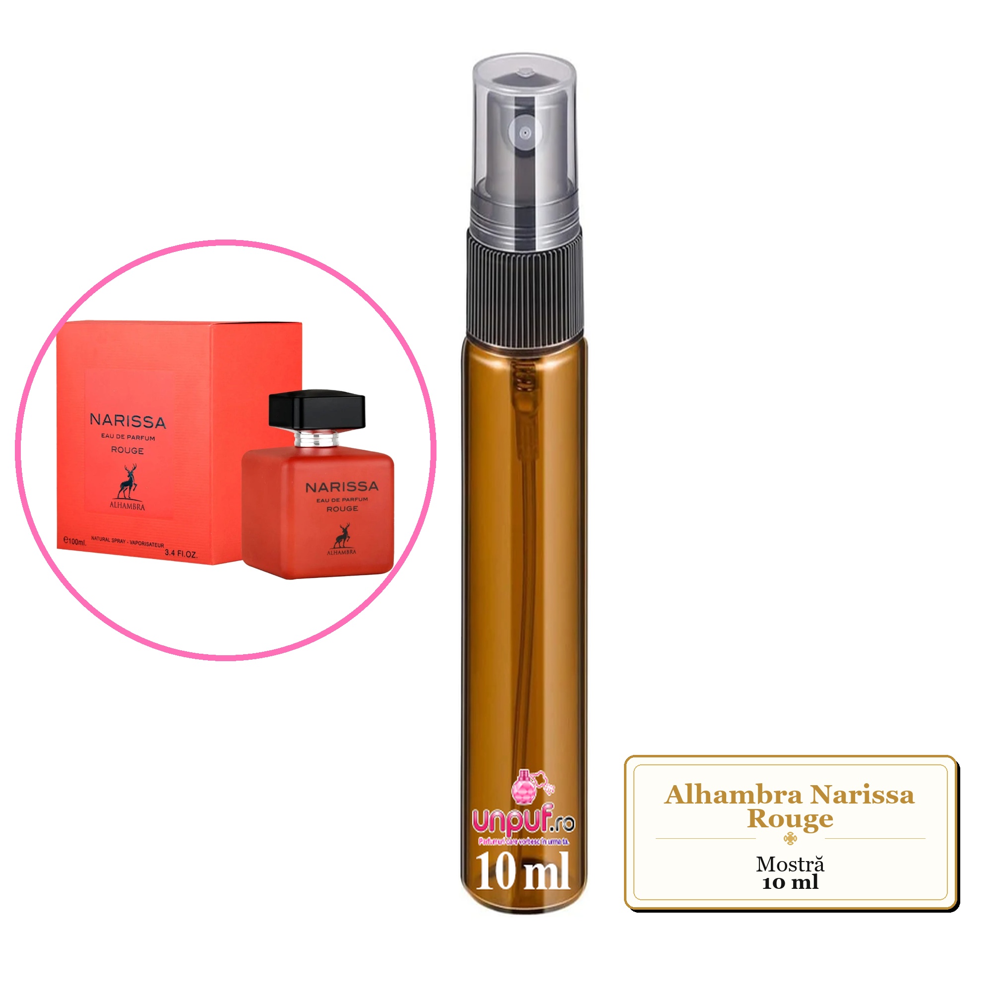 Mostra fiola din Parfumul Alhambra Narissa Rouge, decant sticla cu pulverizator 