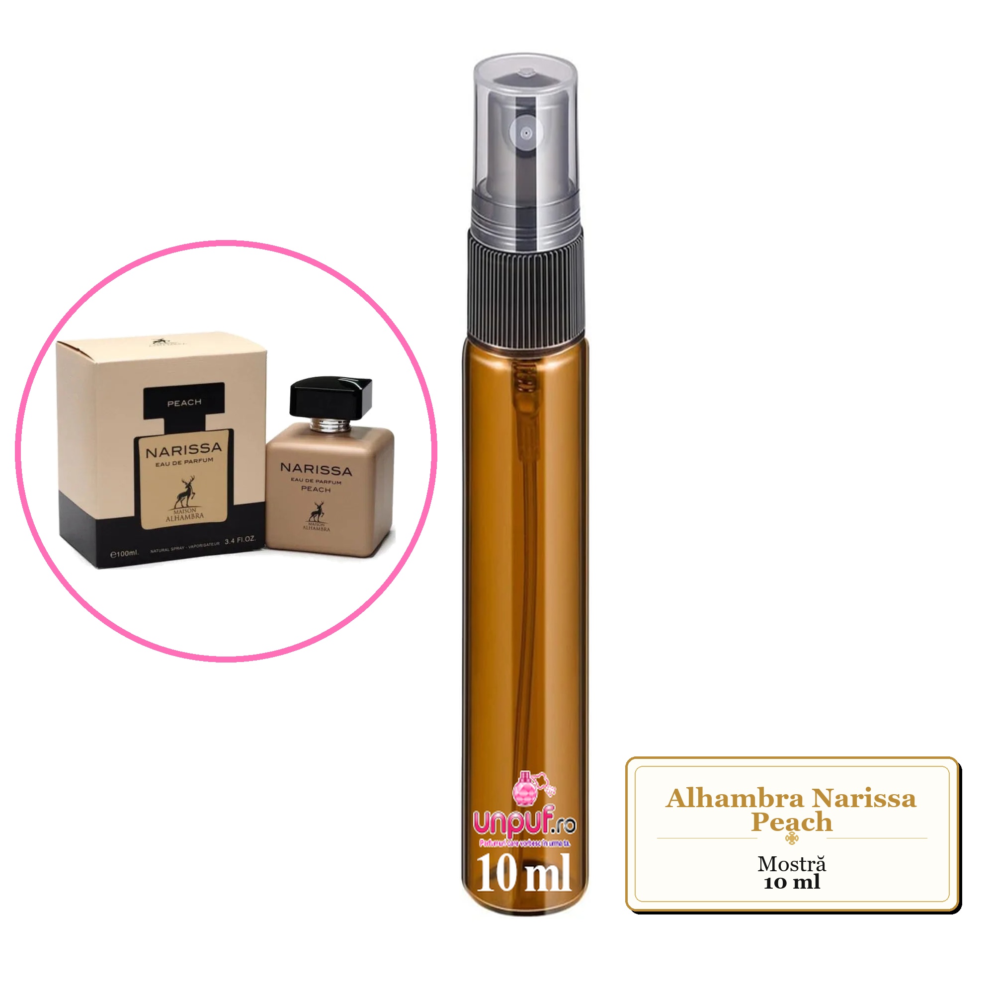 Mostra fiola din Parfumul Alhambra Narissa Peach, decant sticla cu pulverizator 