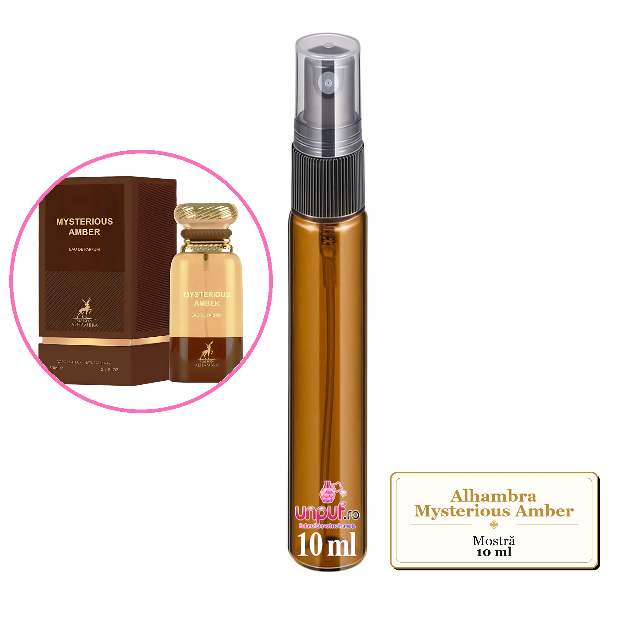 Mostra fiola din Parfumul Alhambra Mysterious Amber, decant sticla cu pulverizator 