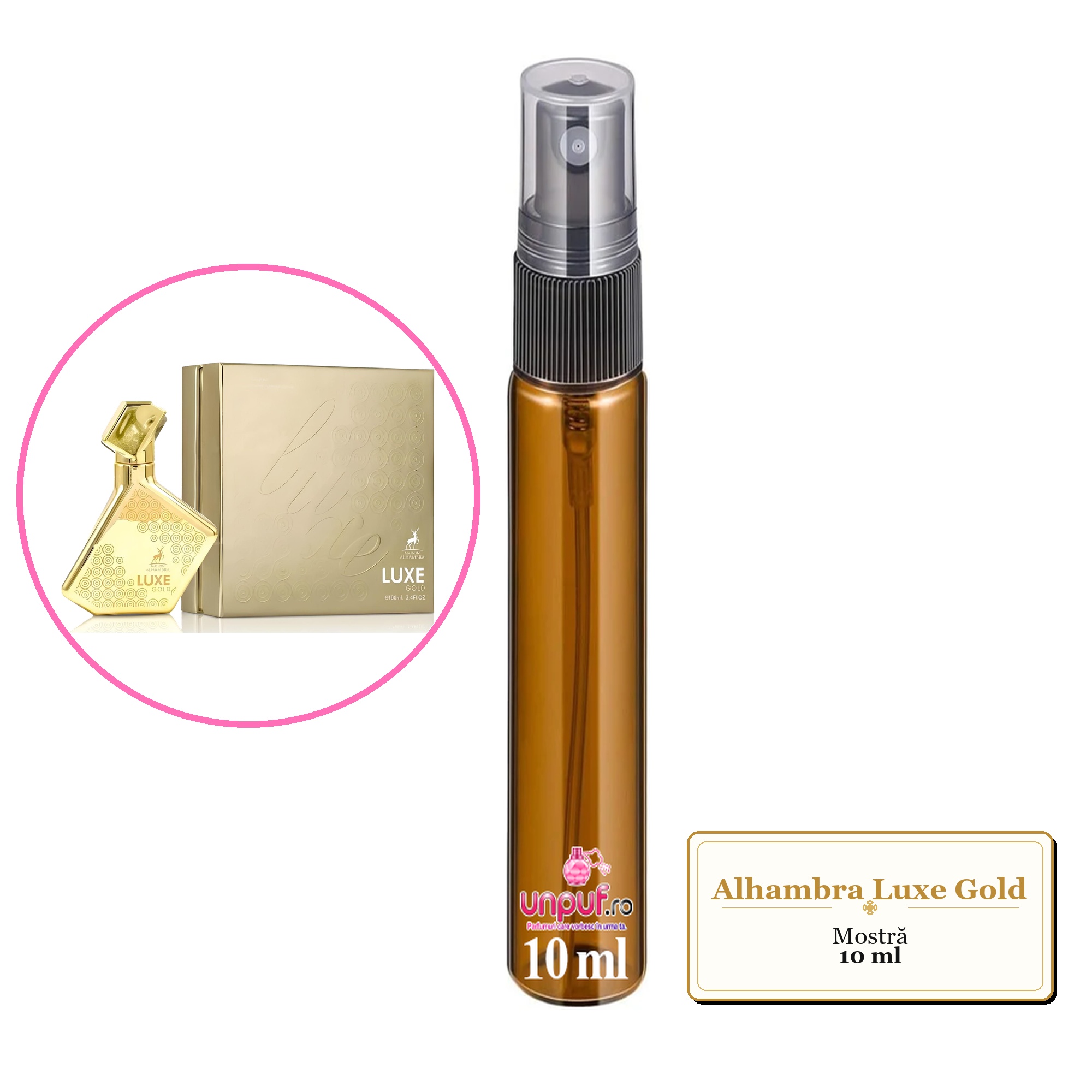 Mostra fiola din Parfumul Alhambra Luxe Gold, decant sticla cu pulverizator 