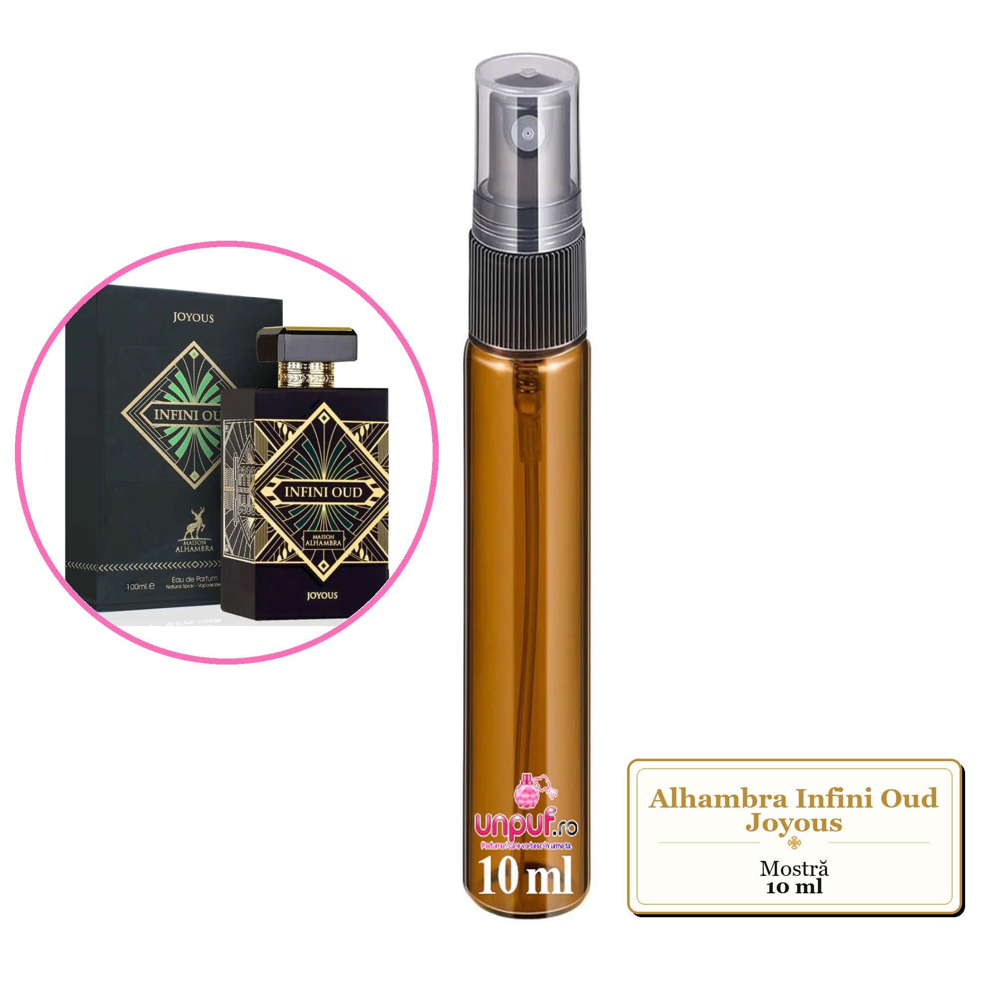 Mostra fiola din Parfumul Alhambra Infini Oud Joyous, decant sticla cu pulverizator