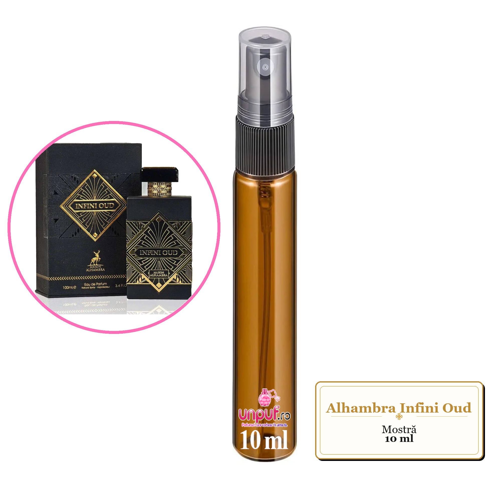 Mostra fiola din Parfumul Alhambra Infini Oud, decant sticla cu pulverizator 