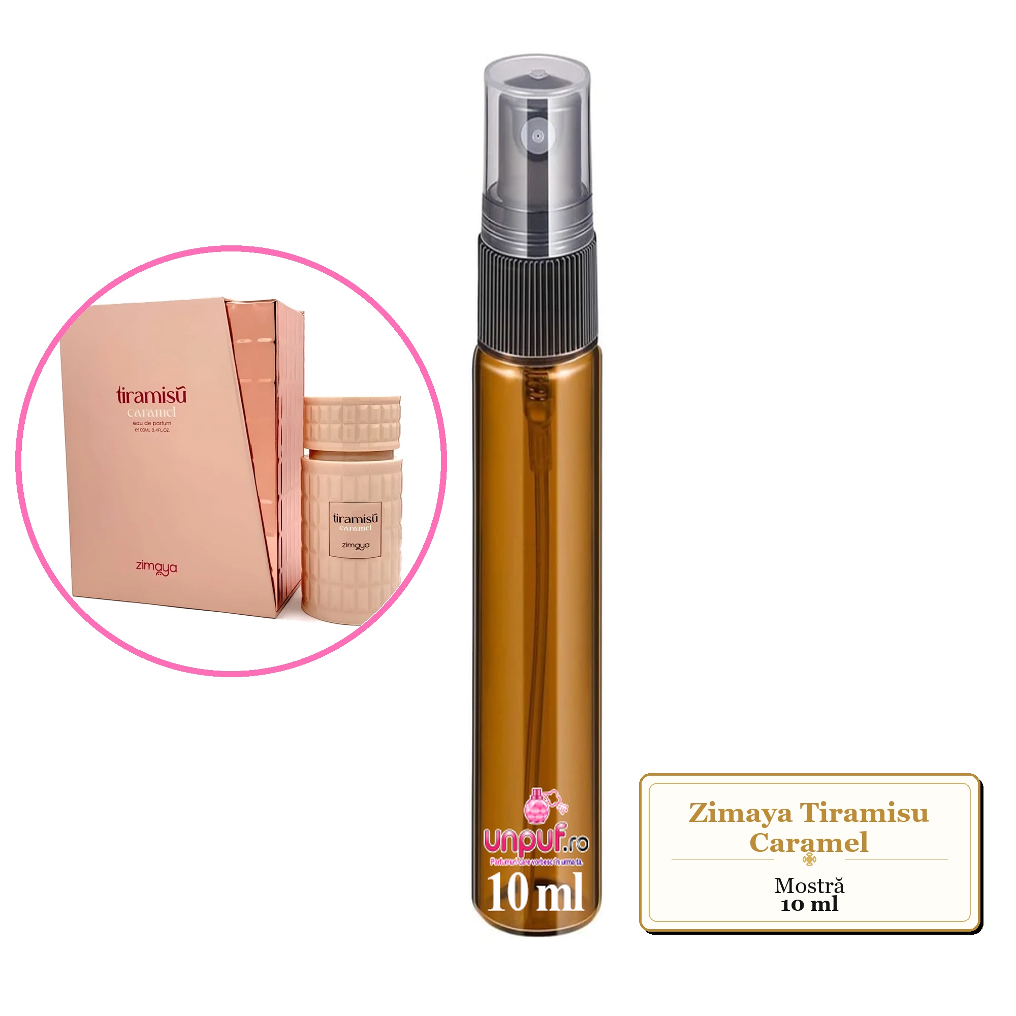 Mostra fiola din Parfumul Zimaya Tiramisu Caramel, decant sticla cu pulverizator 