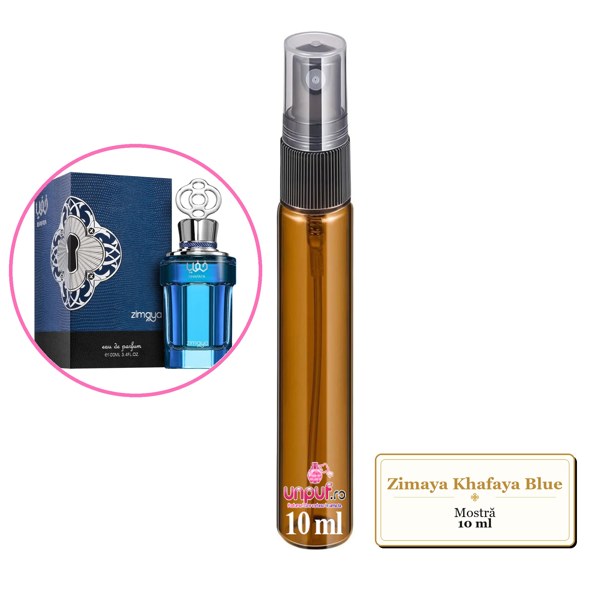 Mostra fiola din Parfumul Zimaya Khafaya Blue, decant sticla cu pulverizator 