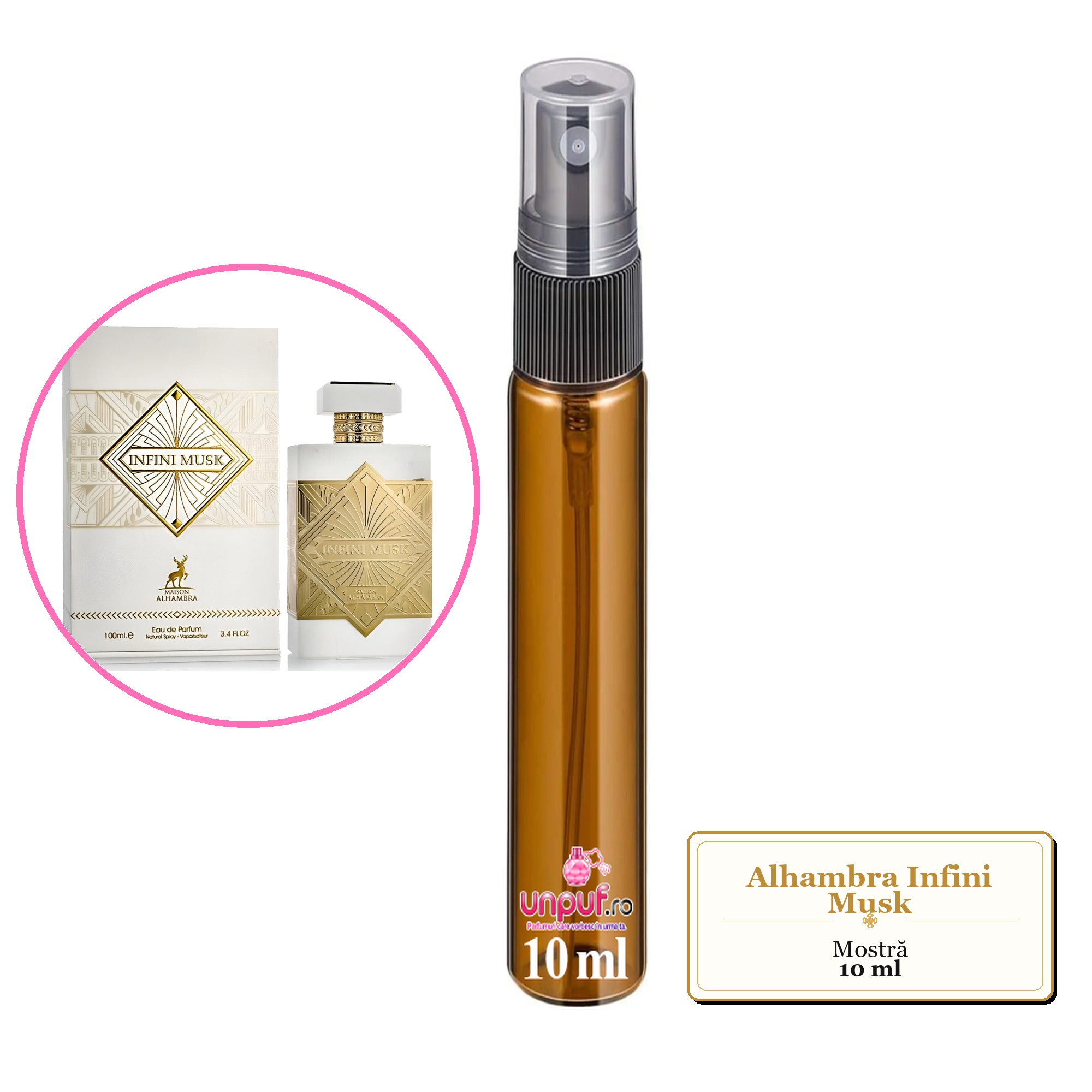 Mostra fiola din Parfumul Alhambra Infini Musk, decant sticla cu pulverizator 