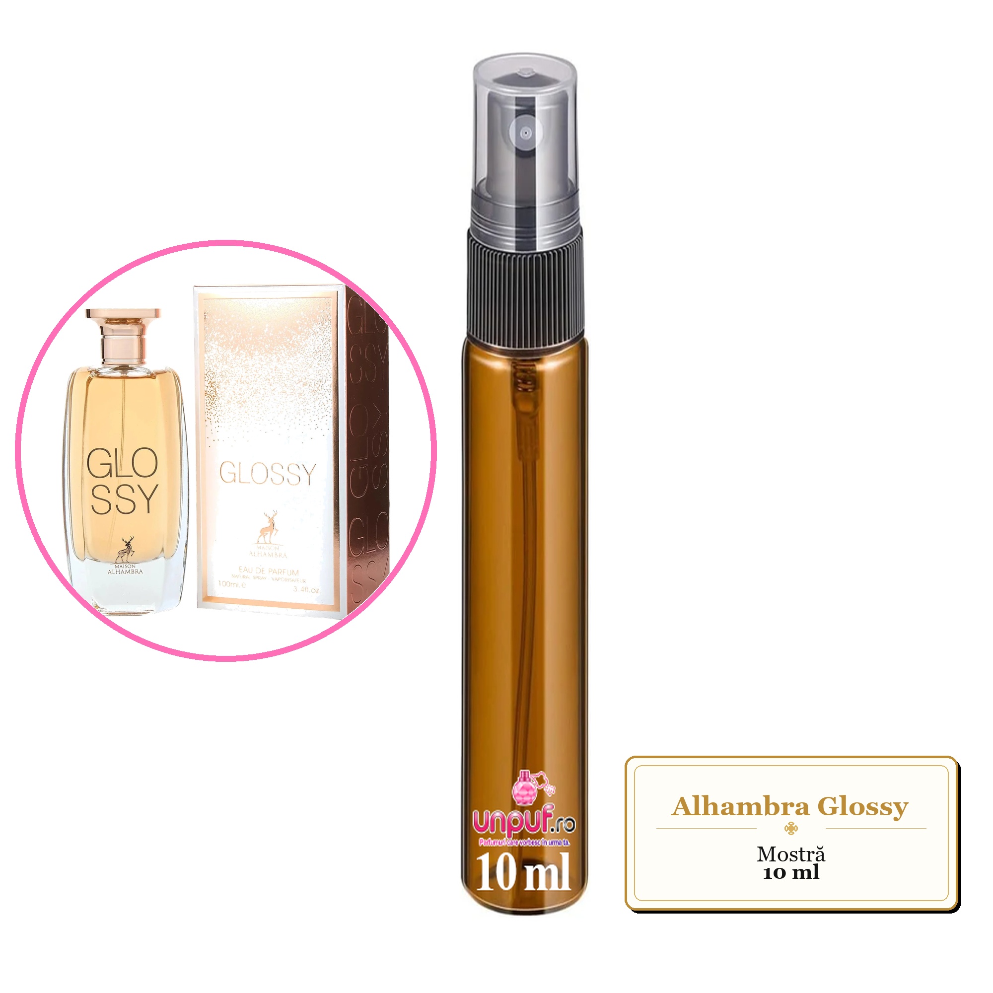 Mostra fiola din Parfumul Alhambra Glossy, decant sticla cu pulverizator 