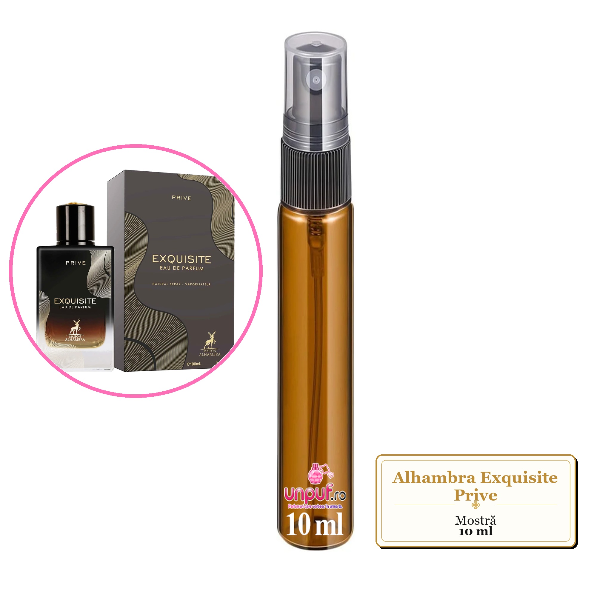 Mostra fiola din Parfumul Alhambra Exquisite Prive, decant sticla cu pulverizator 