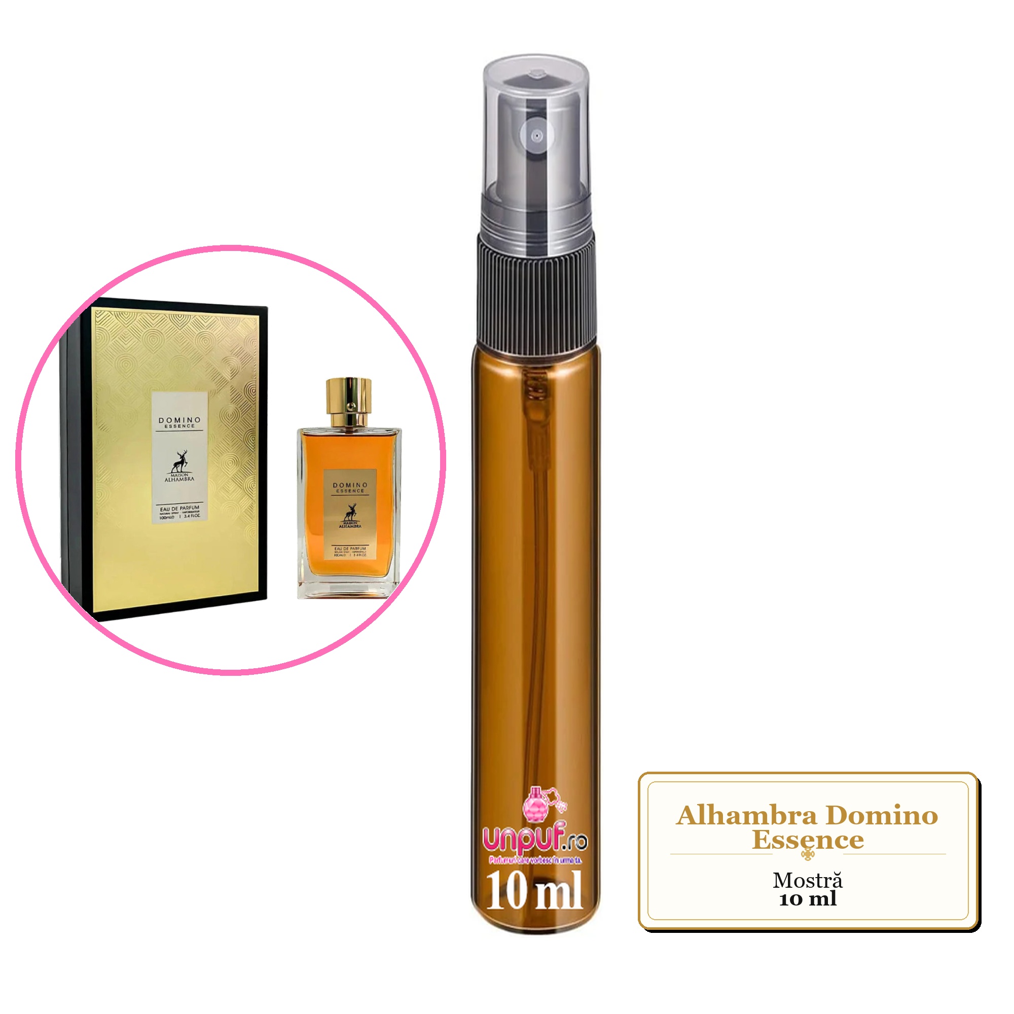 Mostra fiola din Parfumul Alhambra Domino Essence, decant sticla cu pulverizator