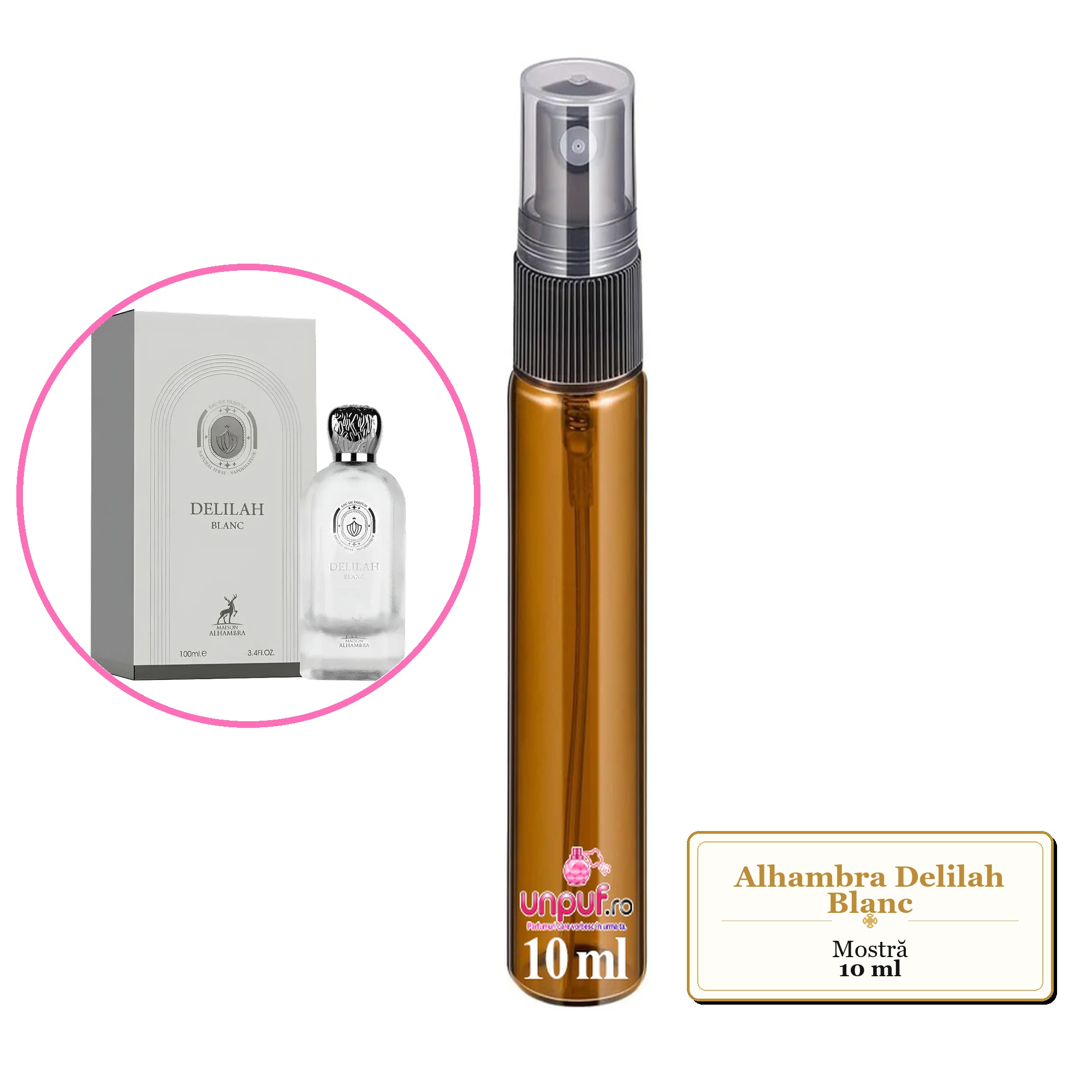 Mostra fiola din Parfumul Alhambra Delilah Blanc, decant sticla cu pulverizator