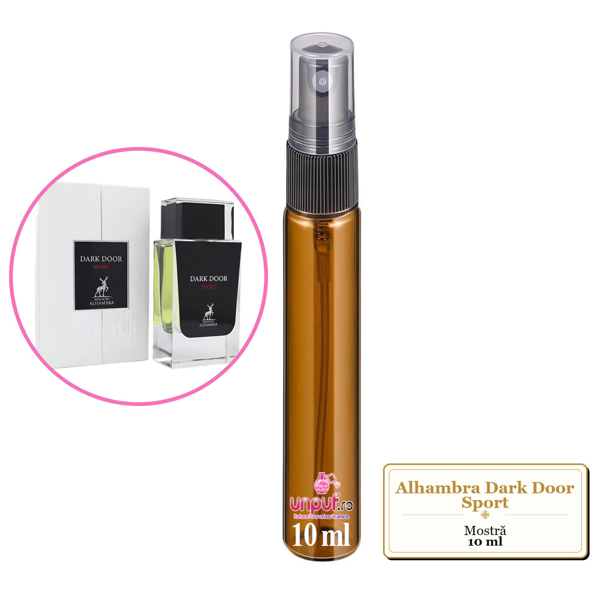 Mostra fiola din Parfumul Alhambra Dark Door Sport, decant sticla cu pulverizator