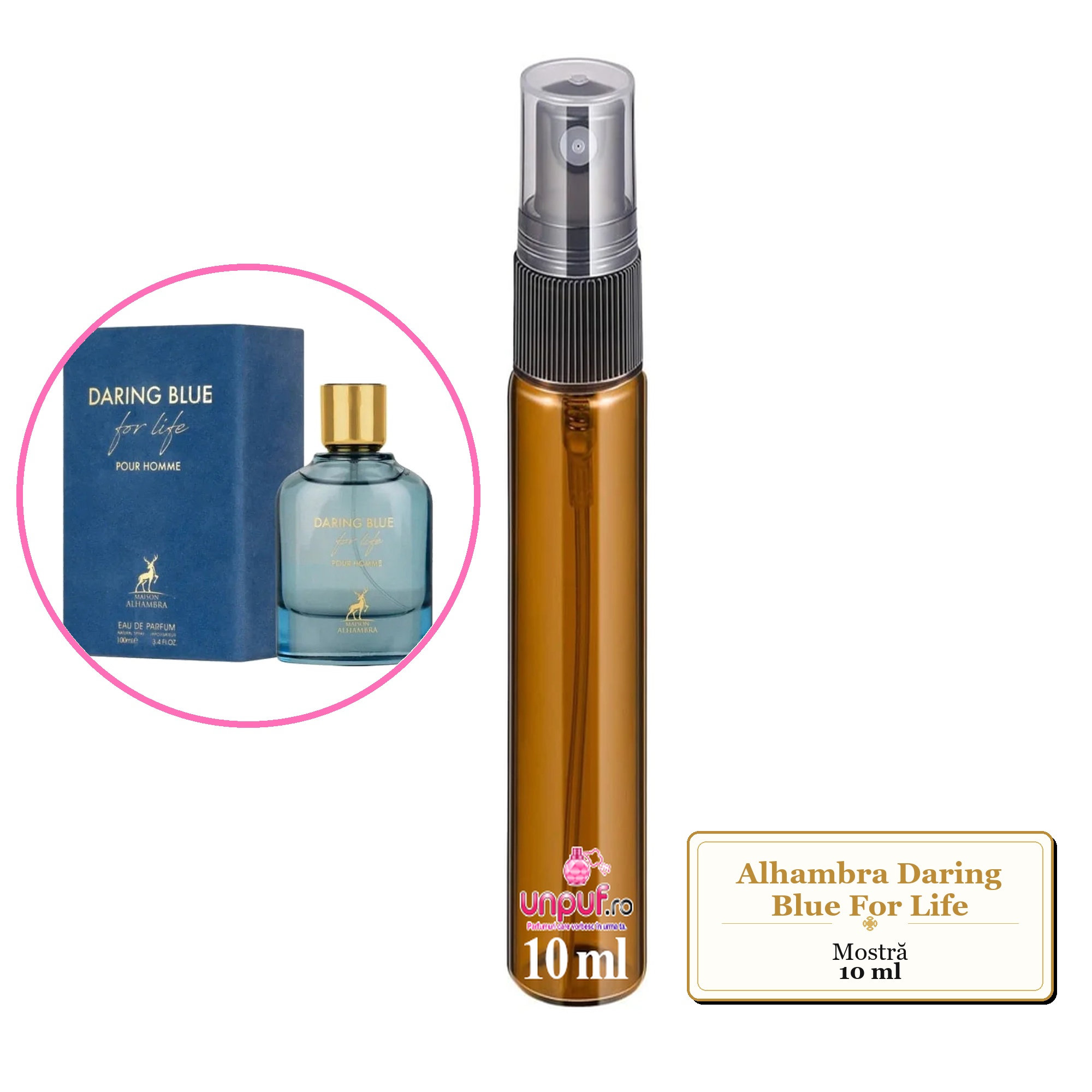 Mostra fiola din Parfumul Alhambra Daring Blue For Life, decant sticla cu pulverizator
