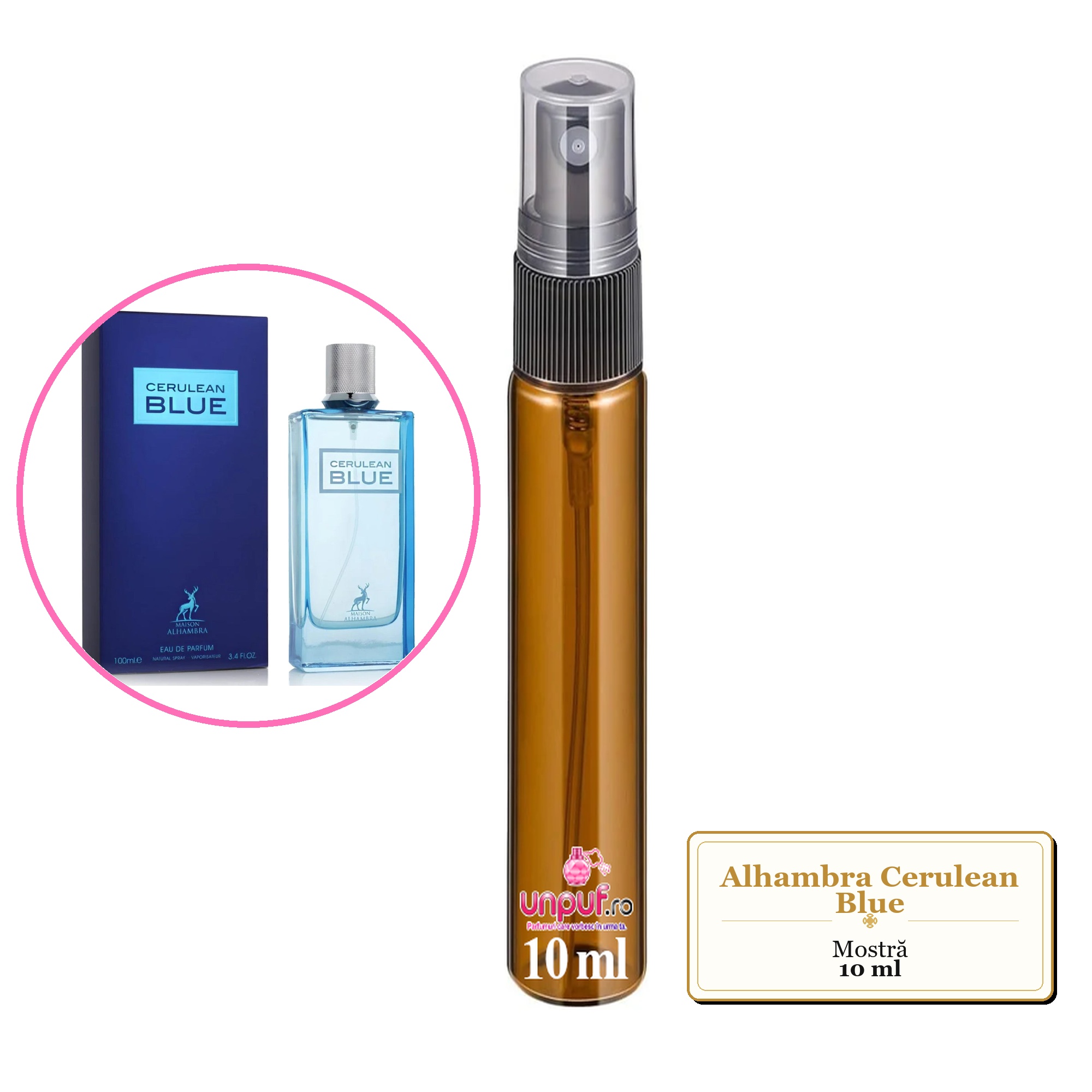 Mostra fiola din Parfumul Alhambra Cerulean Blue, decant sticla cu pulverizator 