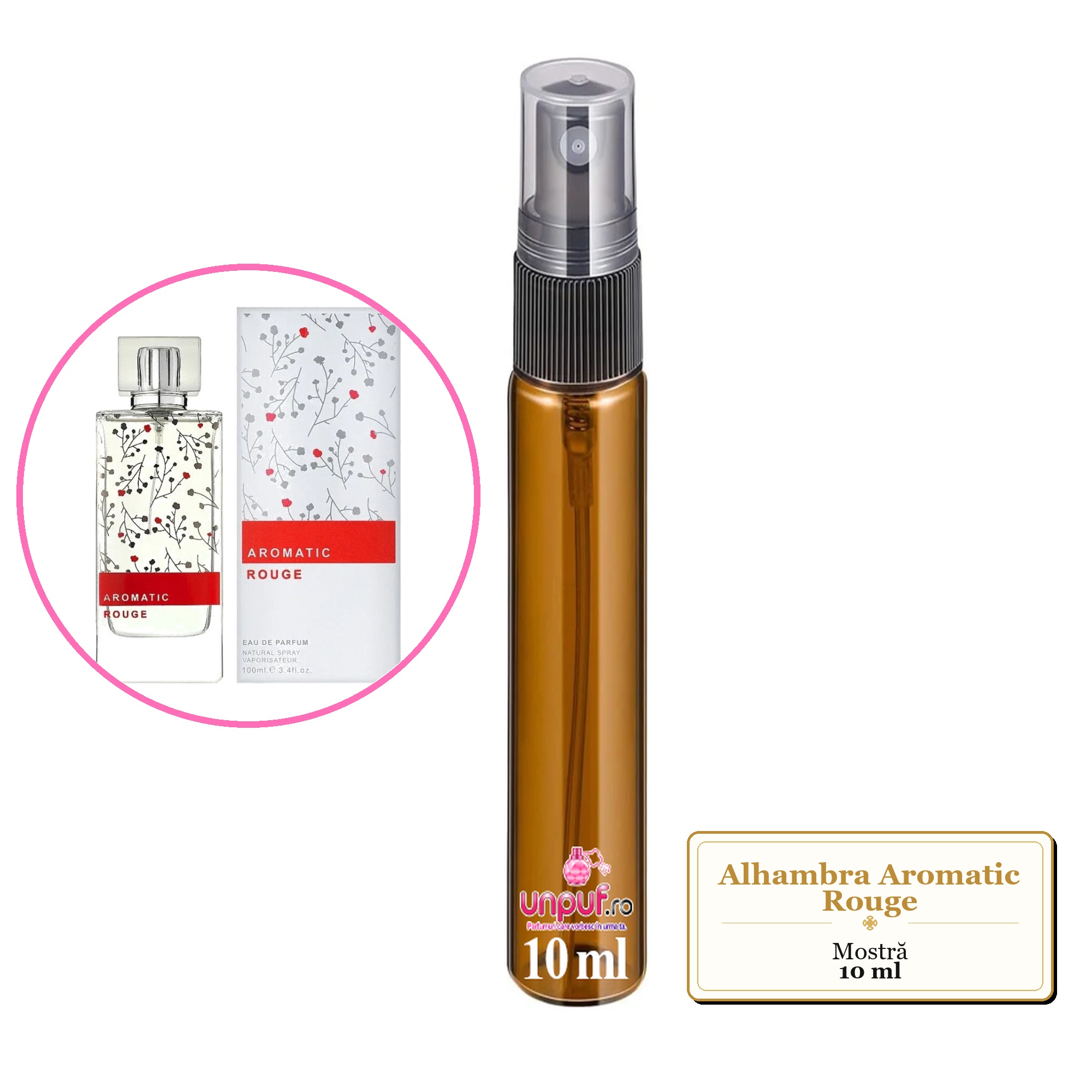 Mostra fiola din Parfumul Alhambra Aromatic Rouge, decant sticla cu pulverizator 