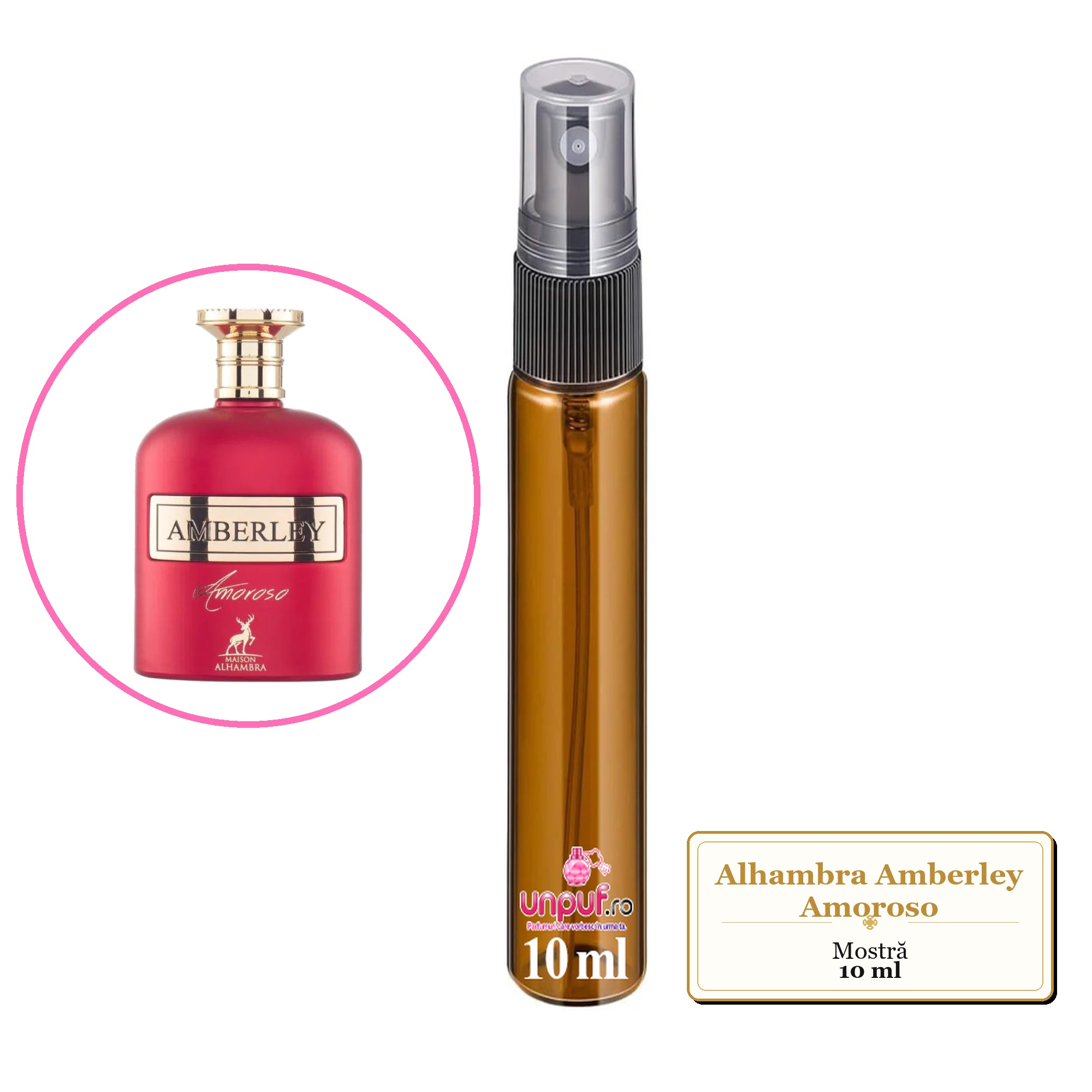 Mostra fiola din Parfumul Alhambra Amberley Amoroso, decant sticla cu pulverizator 