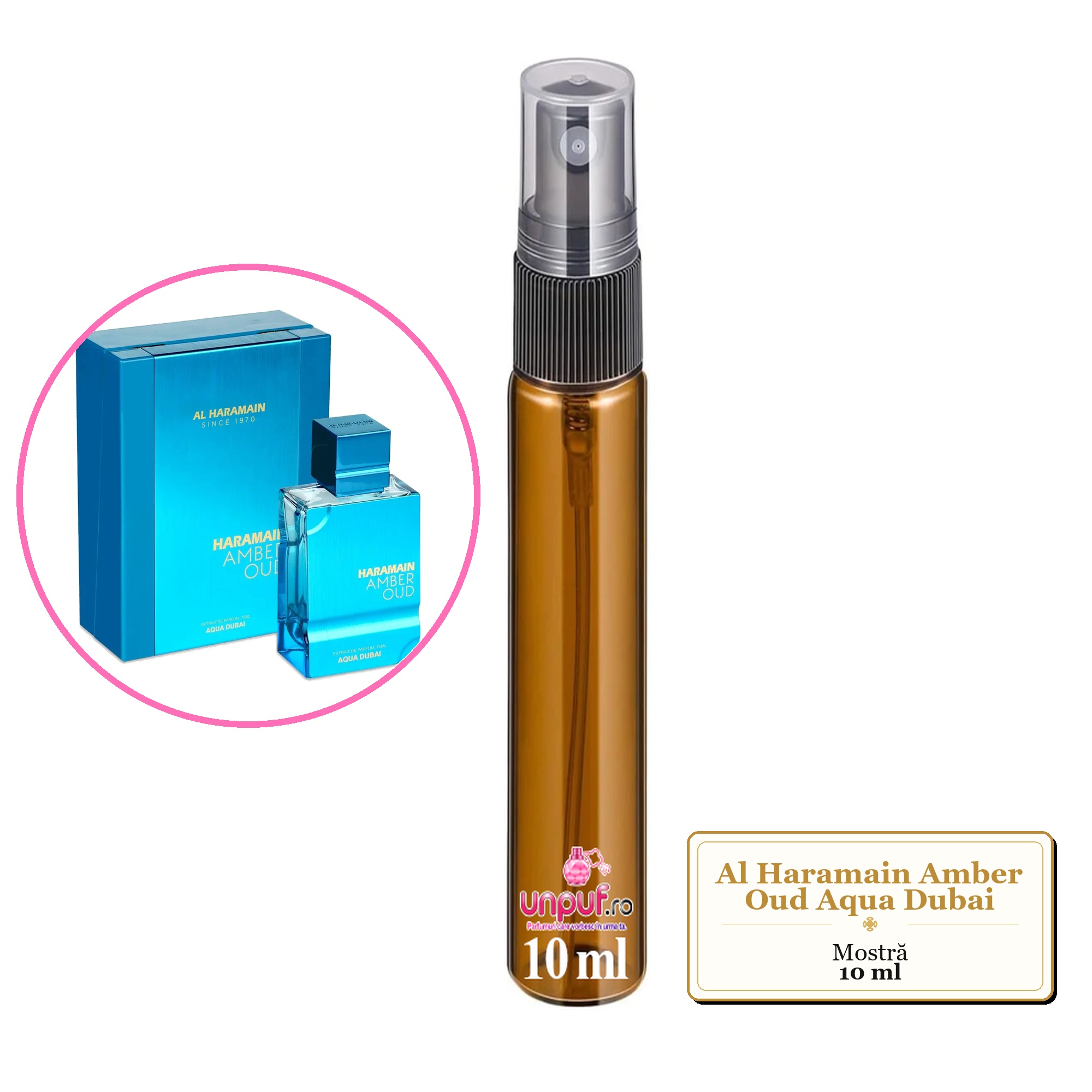 Mostra fiola din Parfumul Al Haramain Amber Oud Aqua Dubai, decant sticla cu pulverizator 