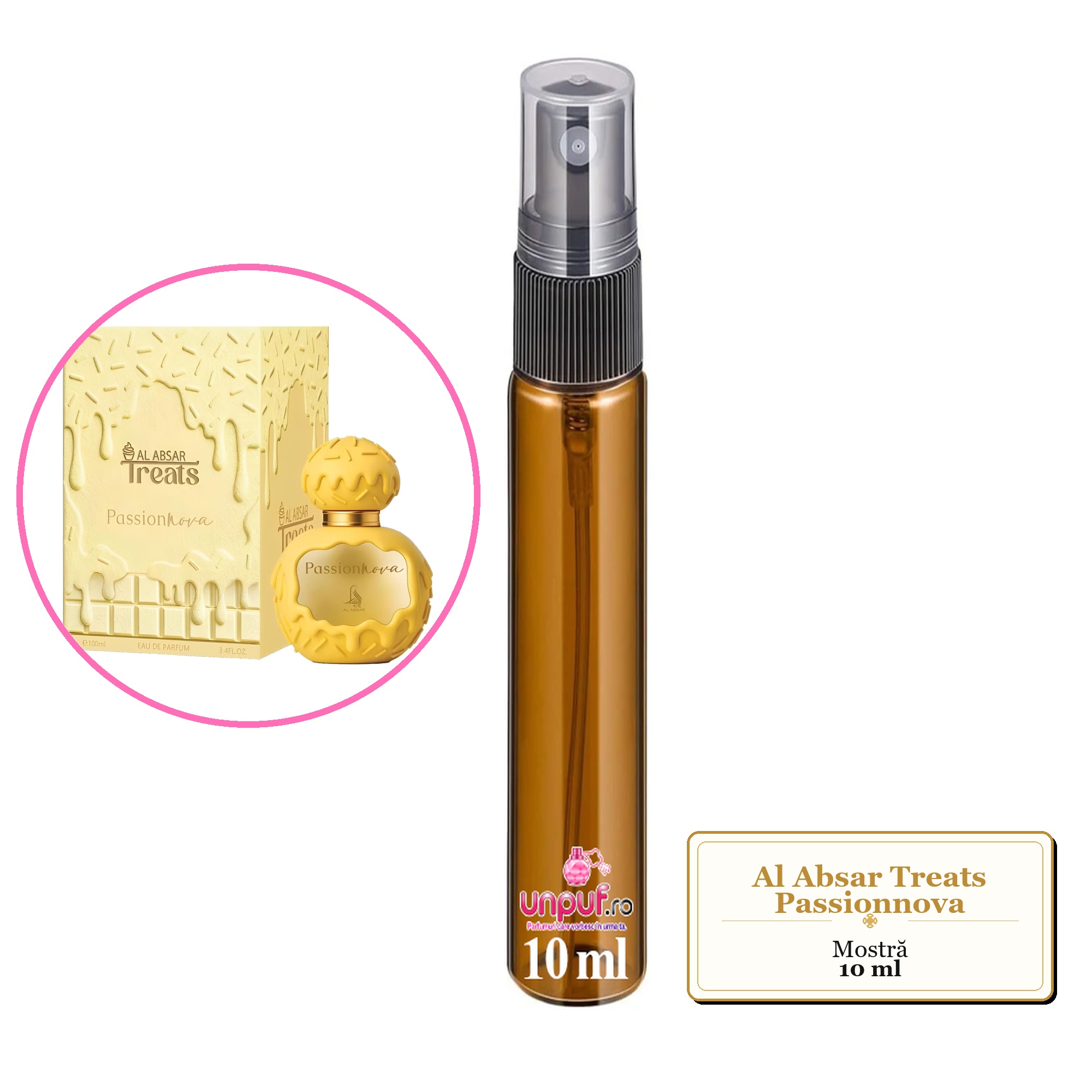 Mostra fiola din Parfumul Al Absar Treats Passionnova, decant sticla cu pulverizator