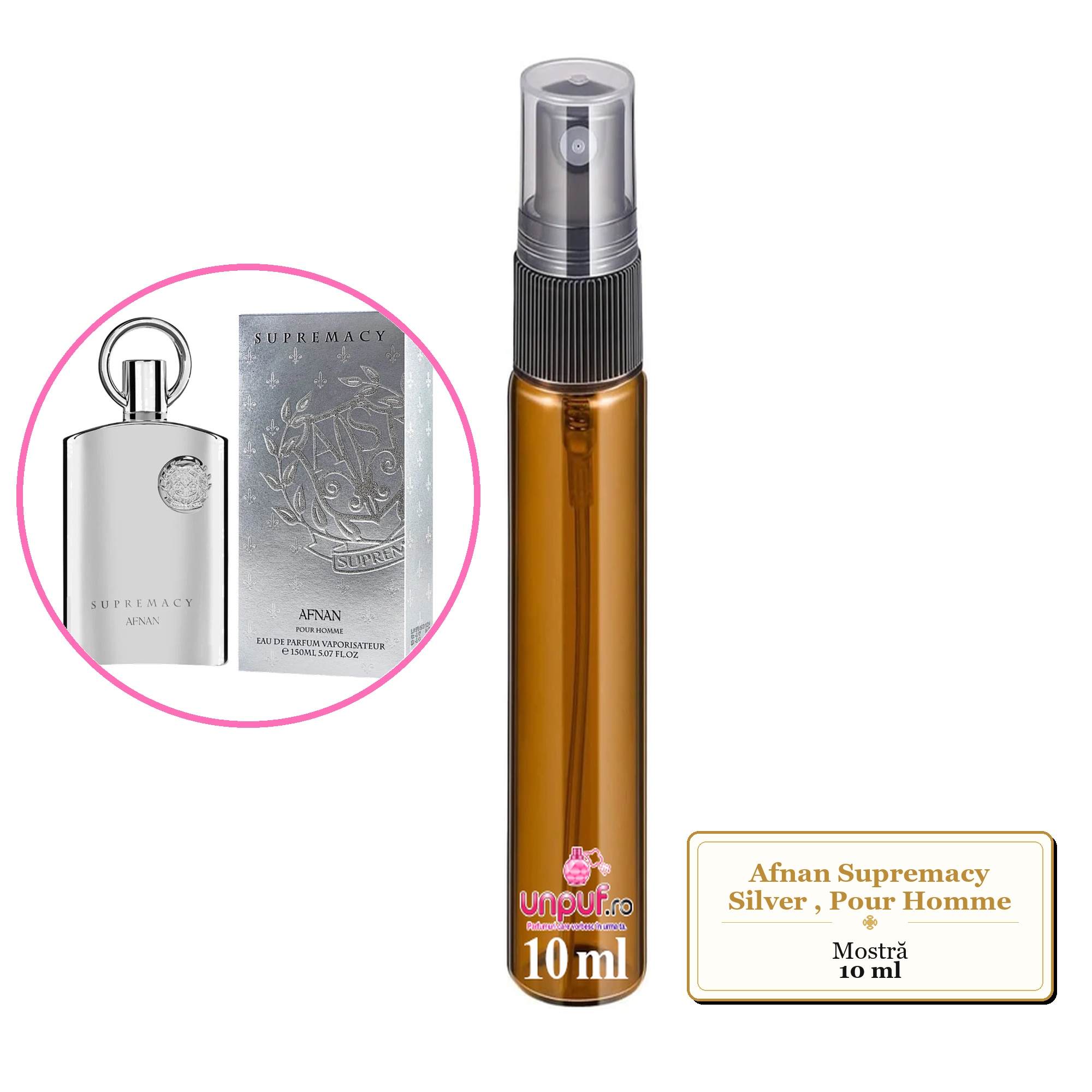 Mostra fiola din Parfumul Afnan Supremacy Silver, Pour Homme, decant sticla cu pulverizator 