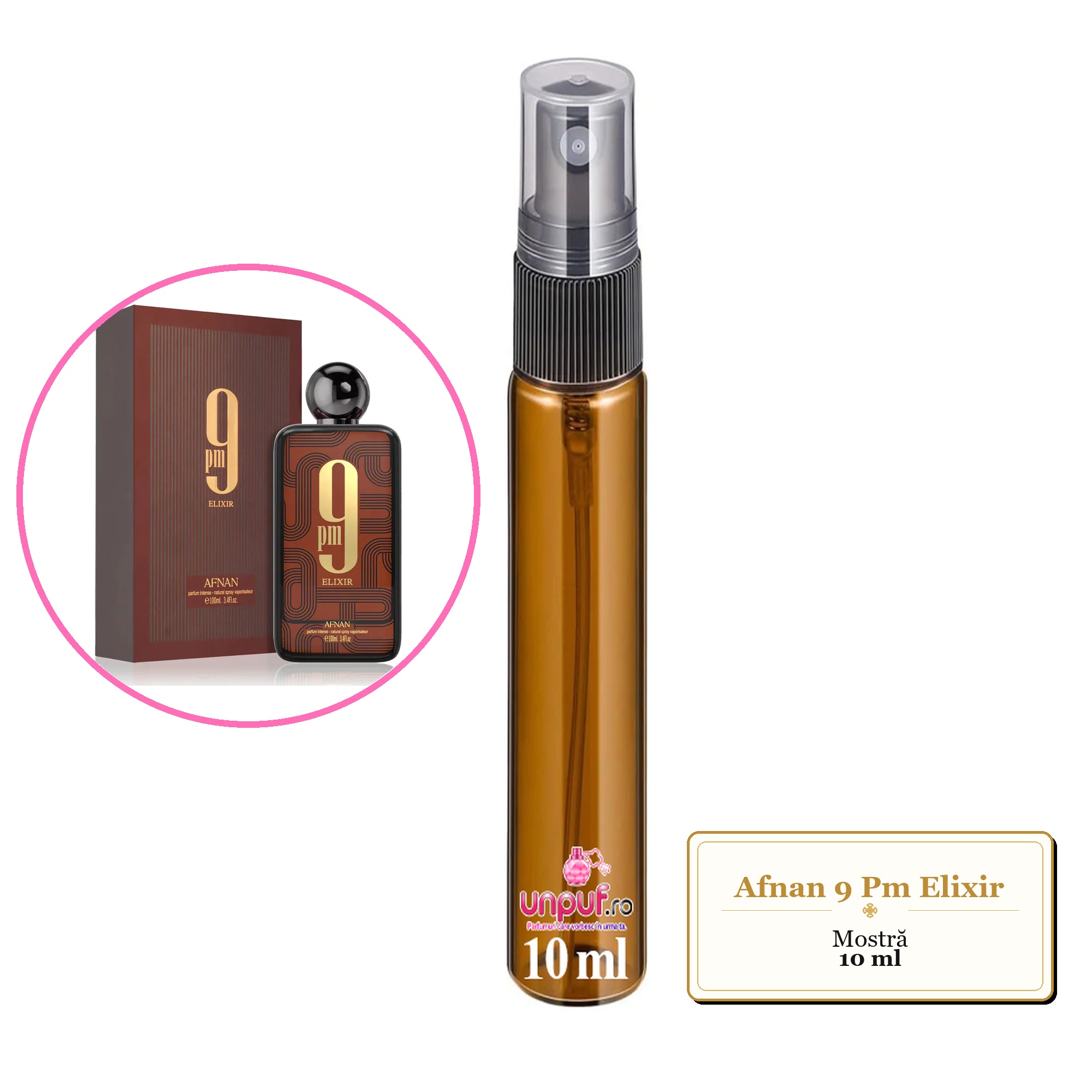 Mostra fiola din Parfumul Afnan 9 Pm Elixir, decant sticla cu pulverizator 