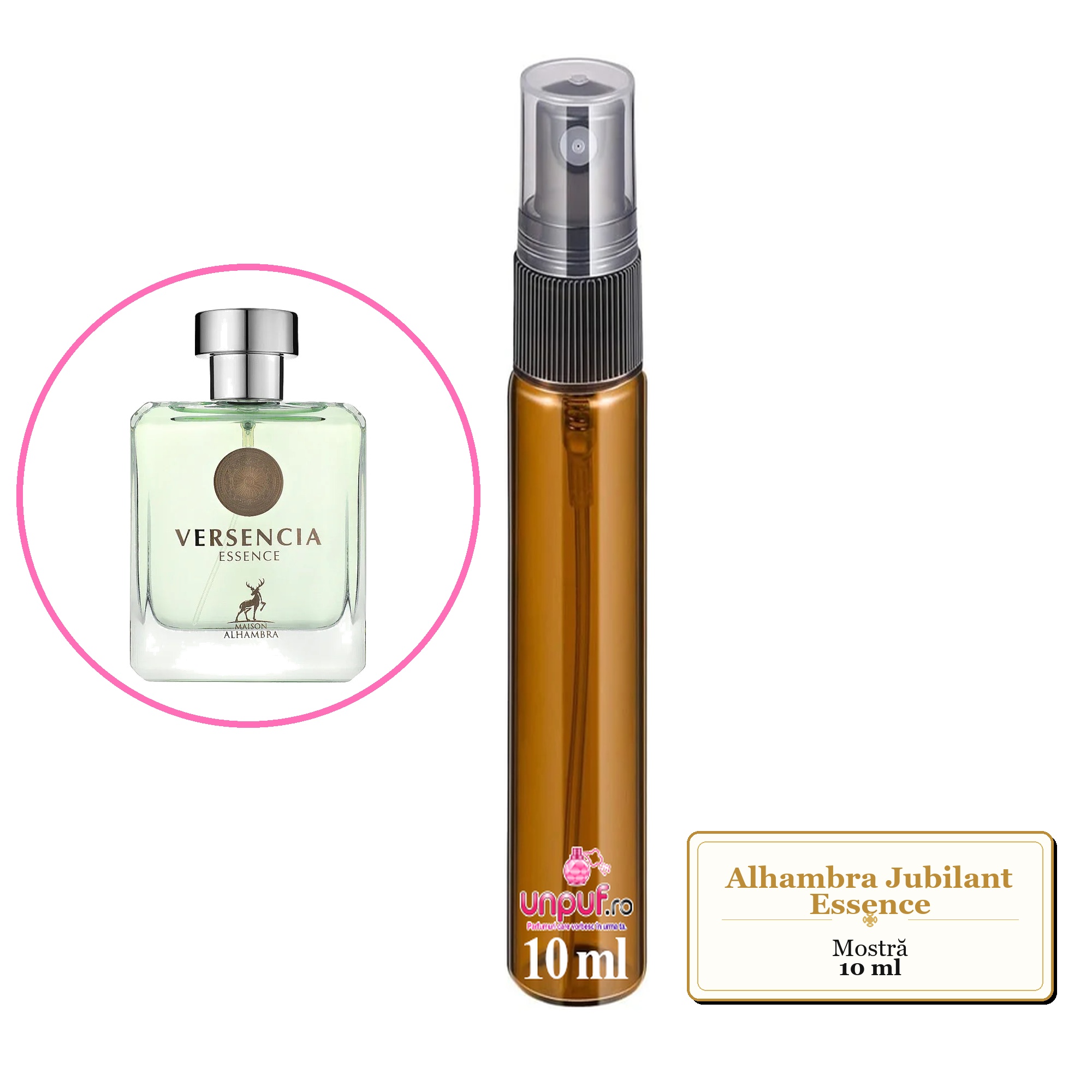Mostra fiola din Parfumul Alhambra Jubilant Essence, decant sticla cu pulverizator